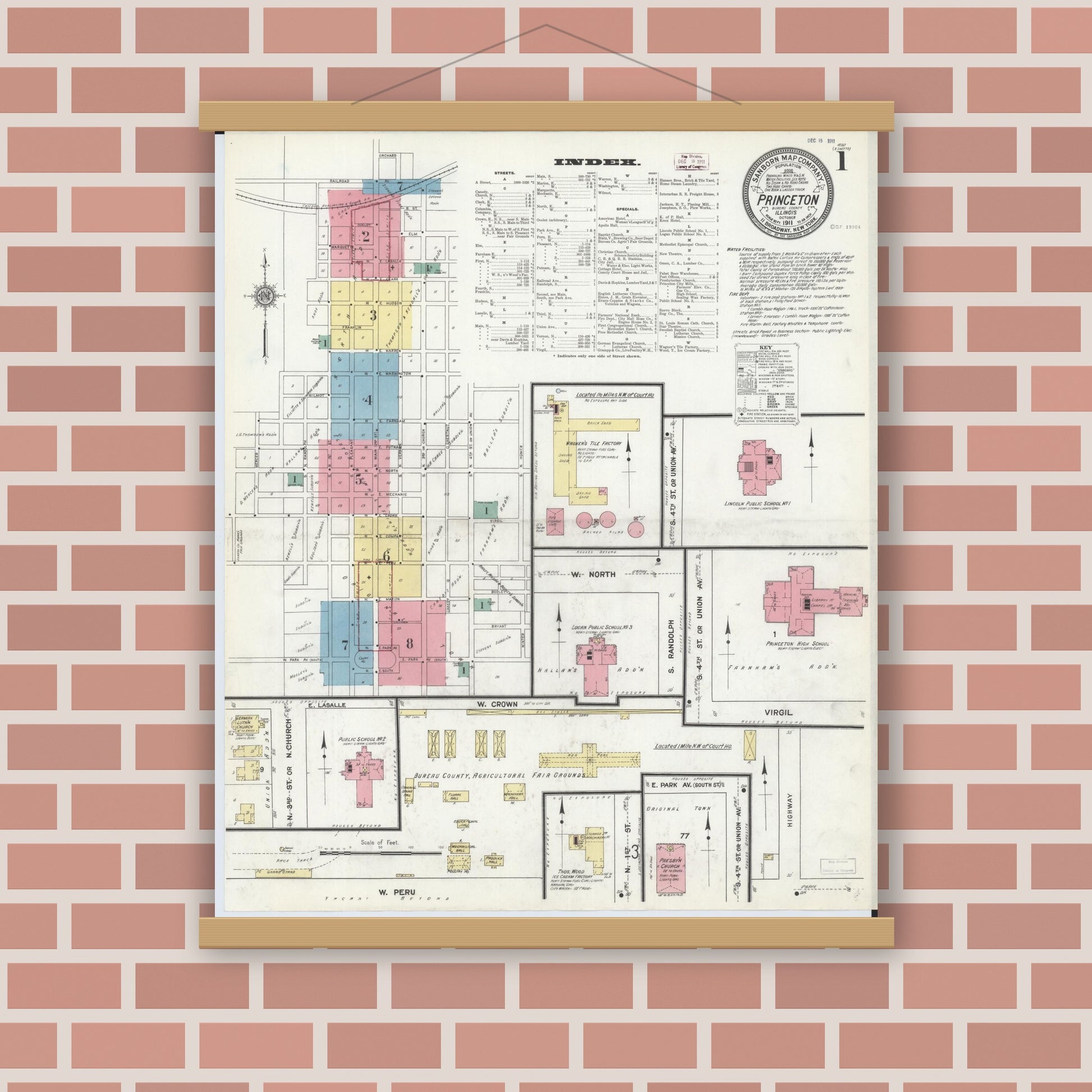 Old map wall art mockup — magnetic wood frame on brick wall — Sanborn Fire Insurance Map from Princeton, Bureau County, Illinois (1911), Sheet #0001