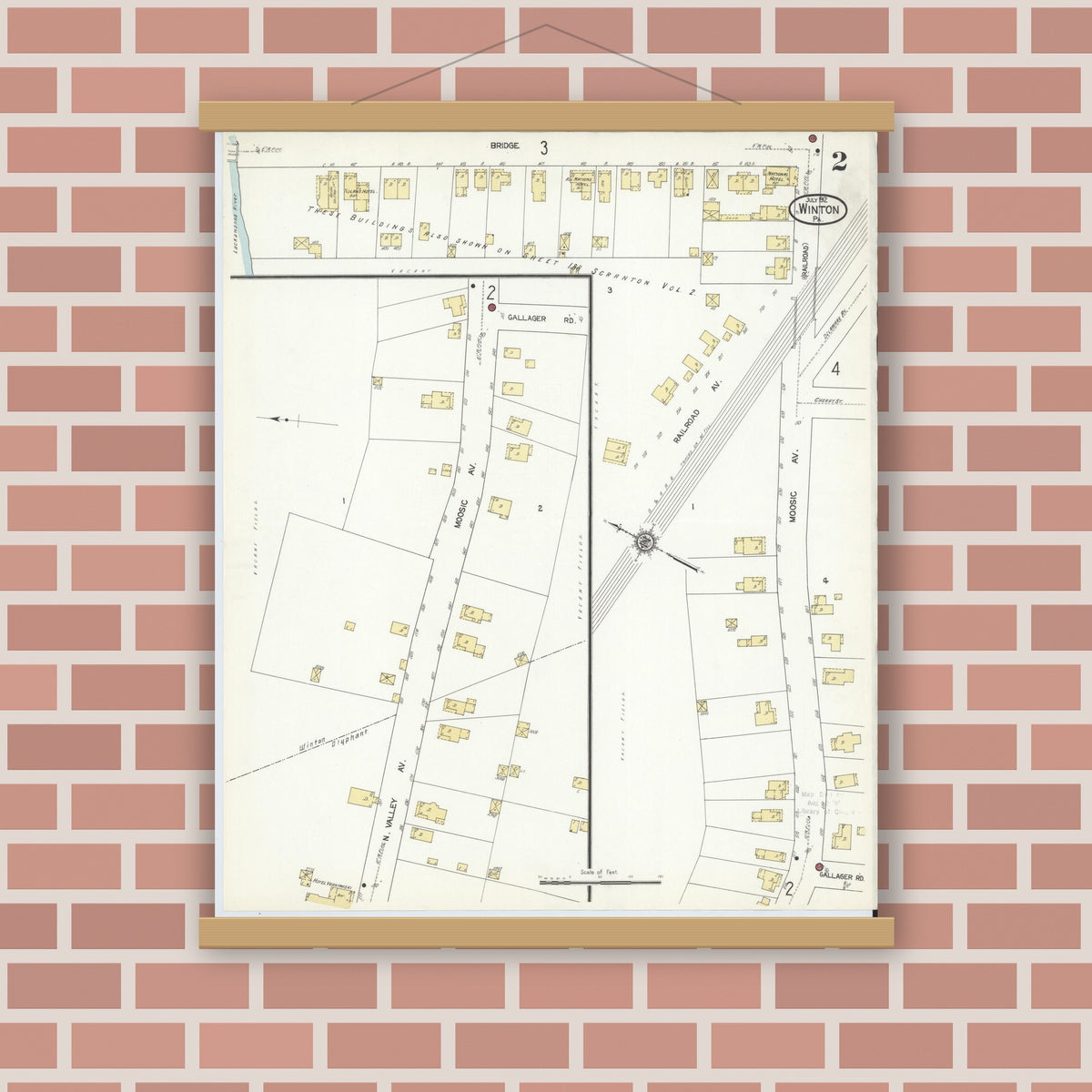 Old map wall art mockup — magnetic wood frame on brick wall — Sanborn Fire Insurance Map from Winton, Lackawanna County, Pennsylvania (1912), Sheet #0002