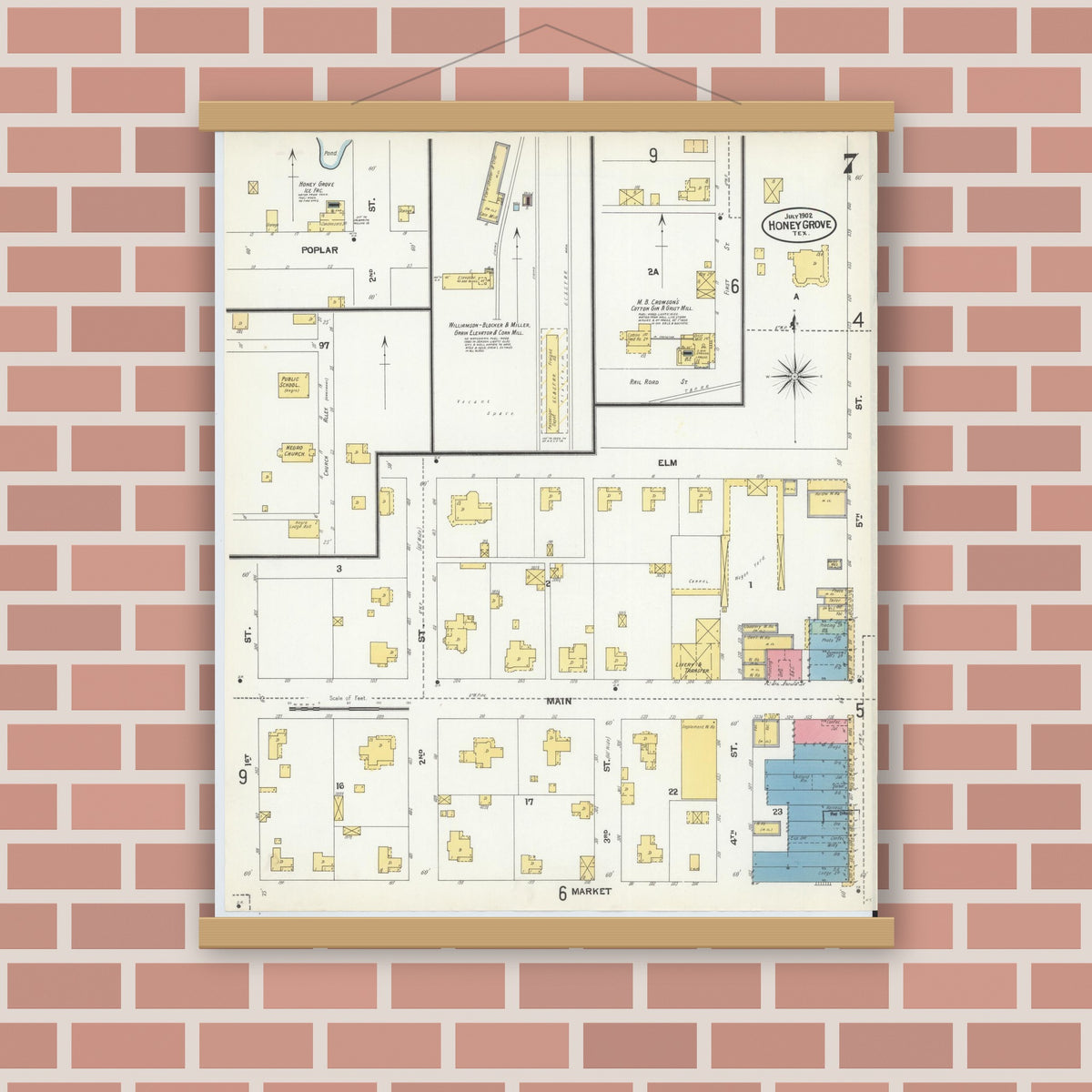 Old map wall art mockup — magnetic wood frame on brick wall — Sanborn Fire Insurance Map from Honey Grove, Fannin County, Texas (1902), Sheet #0007
