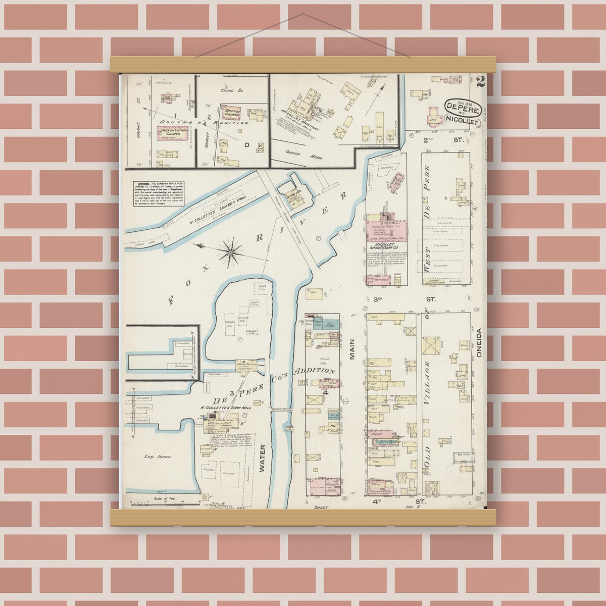 Old map wall art mockup — magnetic wood frame on brick wall — Sanborn Fire Insurance Map from De Pere, Brown County, Wisconsin (1884), Sheet #0002