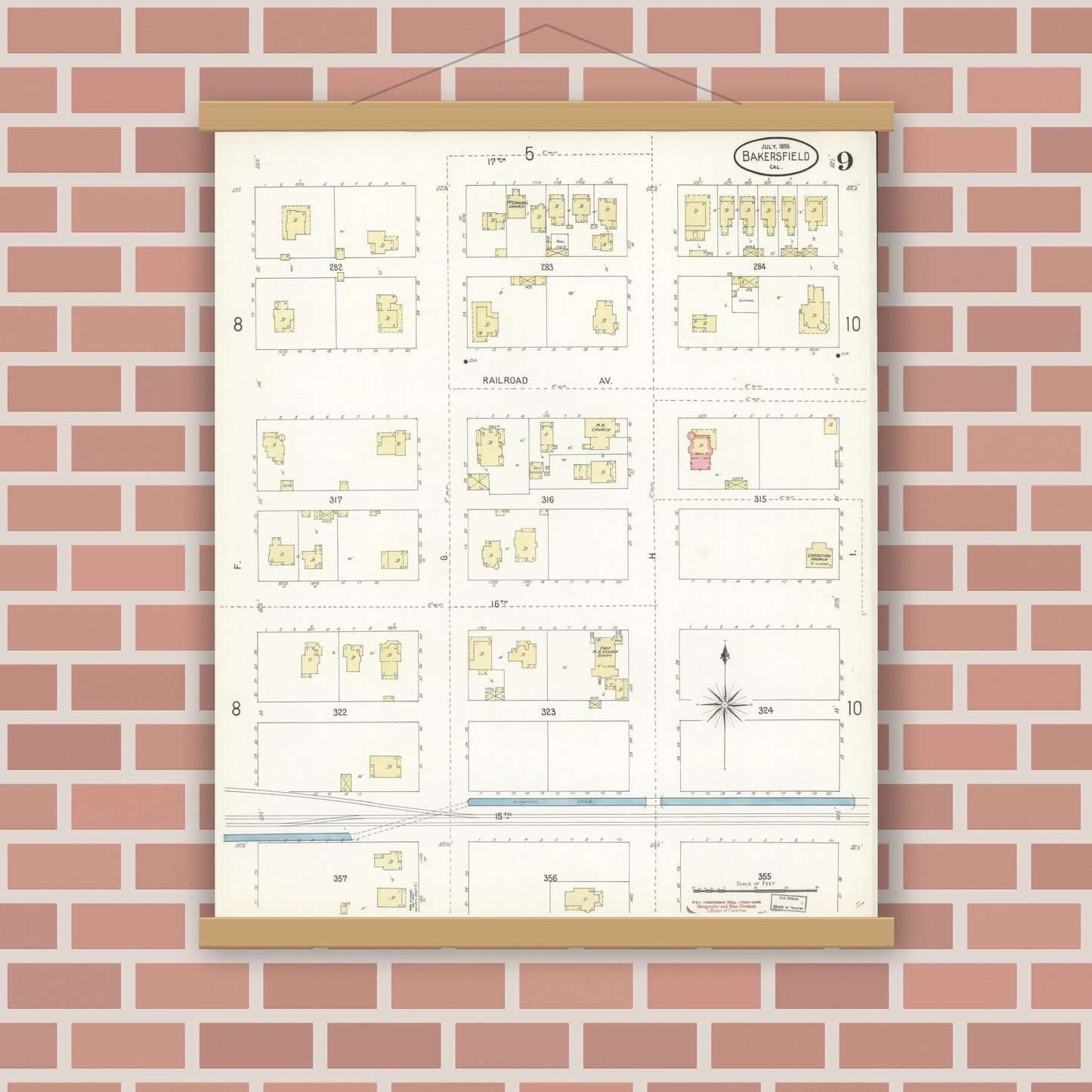 Old map wall art mockup — magnetic wood frame on brick wall — Sanborn Fire Insurance Map from Bakersfield, Kern County, California (1899), Sheet #0009