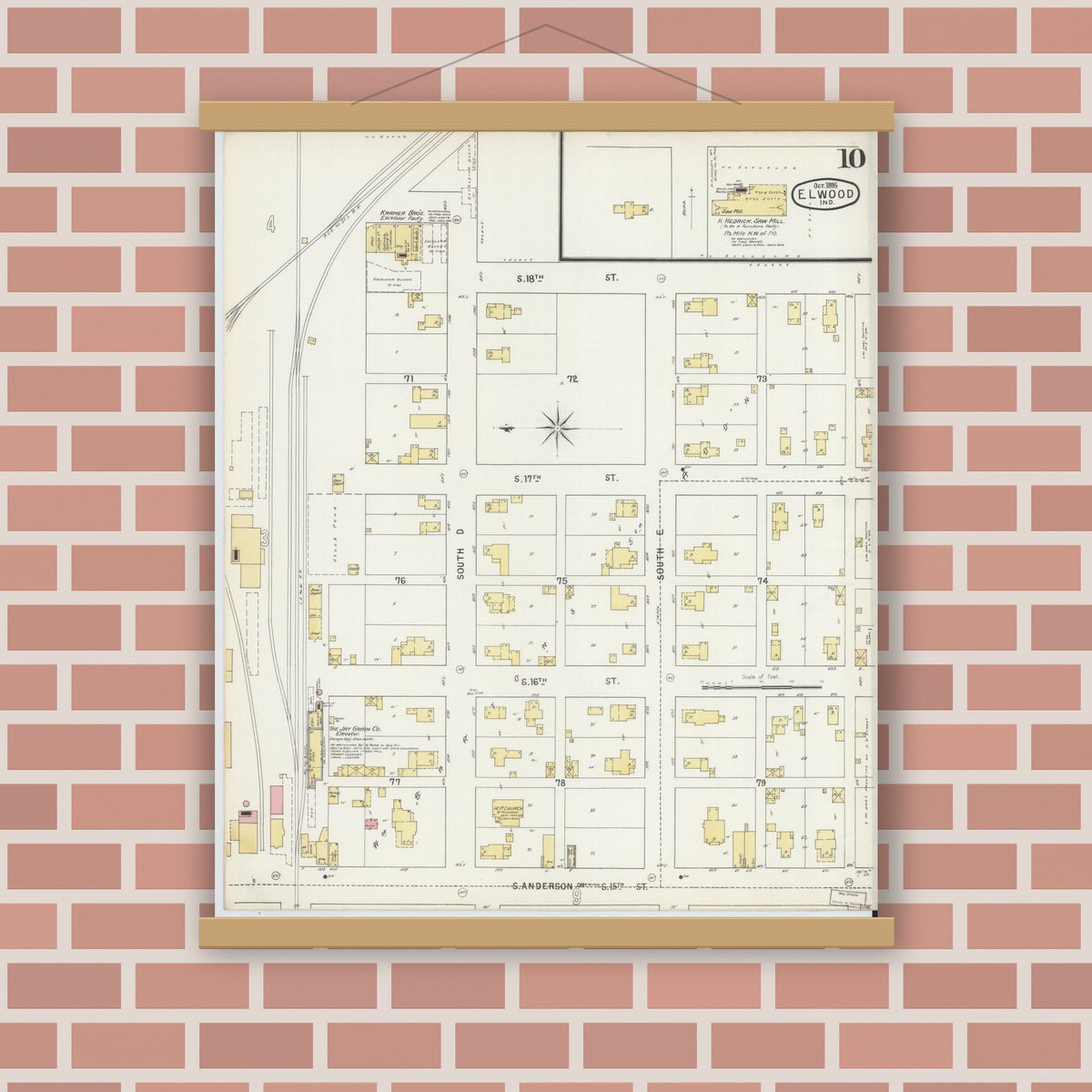Old map wall art mockup — magnetic wood frame on brick wall — Sanborn Fire Insurance Map from Elwood, Madison County, Indiana (1895), Sheet #0010