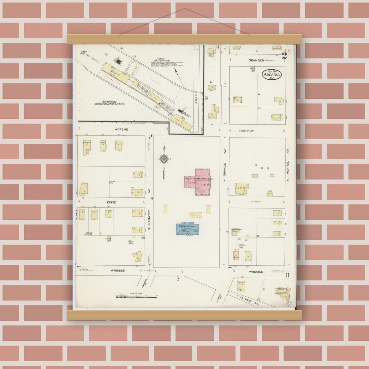 Old map wall art mockup — magnetic wood frame on brick wall — Sanborn Fire Insurance Map from Arcadia, DeSoto County, Florida (1914), Sheet #0002