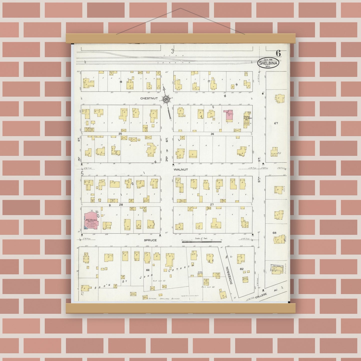 Old map wall art mockup — magnetic wood frame on brick wall — Sanborn Fire Insurance Map from Shelbina, Shelby County, Missouri (1916), Sheet #0006