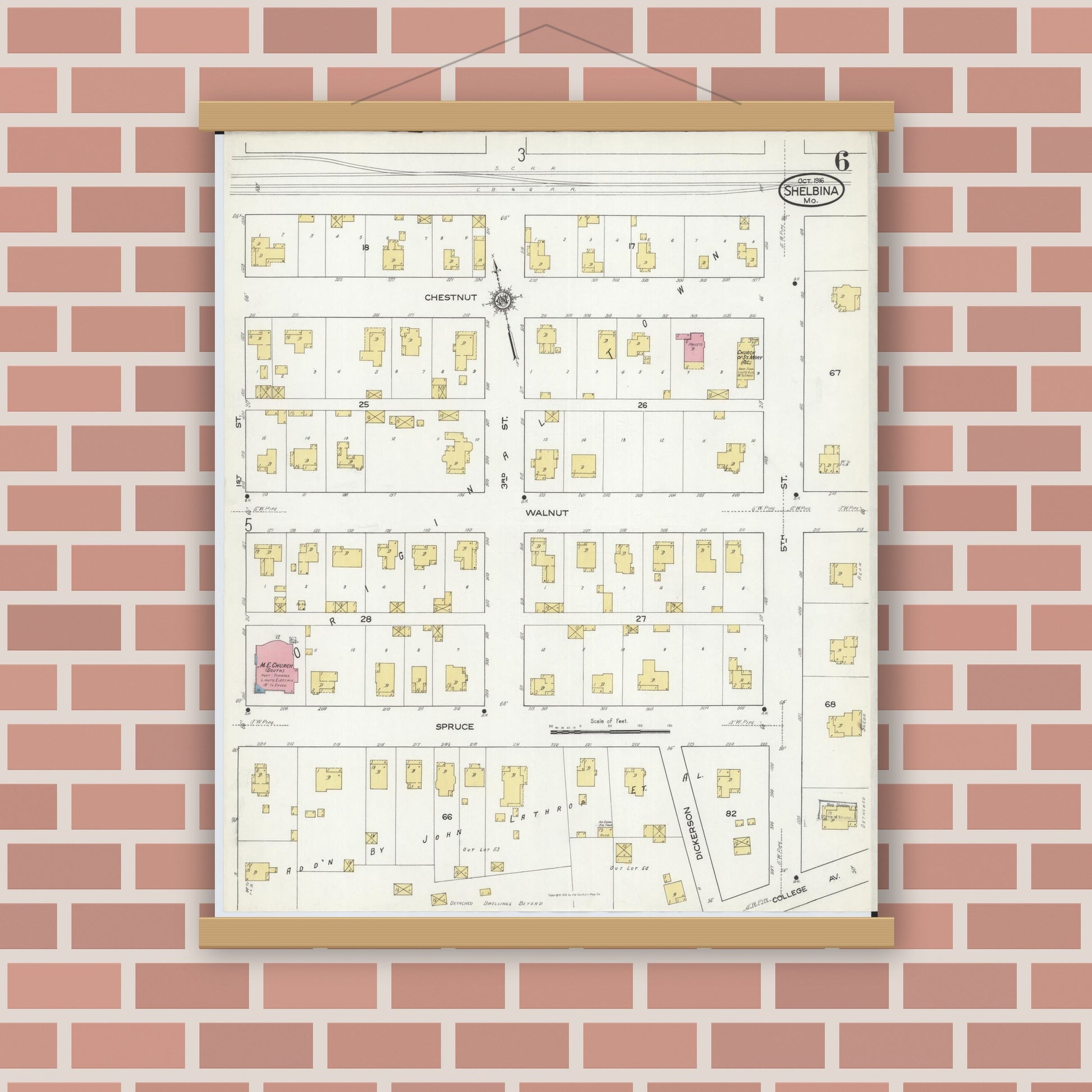 Old map wall art mockup — magnetic wood frame on brick wall — Sanborn Fire Insurance Map from Shelbina, Shelby County, Missouri (1916), Sheet #0006