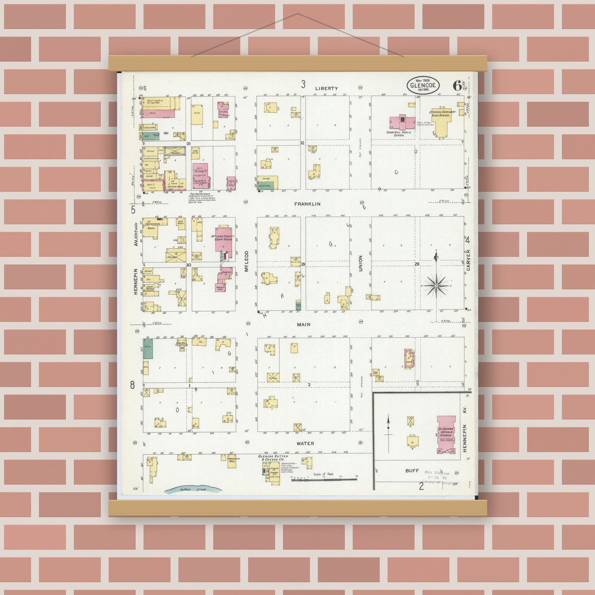 Old map wall art mockup — magnetic wood frame on brick wall — Sanborn Fire Insurance Map from Glencoe, Mcleod County, Minnesota (1908), Sheet #0006