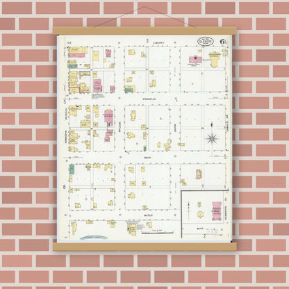 Old map wall art mockup — magnetic wood frame on brick wall — Sanborn Fire Insurance Map from Glencoe, Mcleod County, Minnesota (1908), Sheet #0006