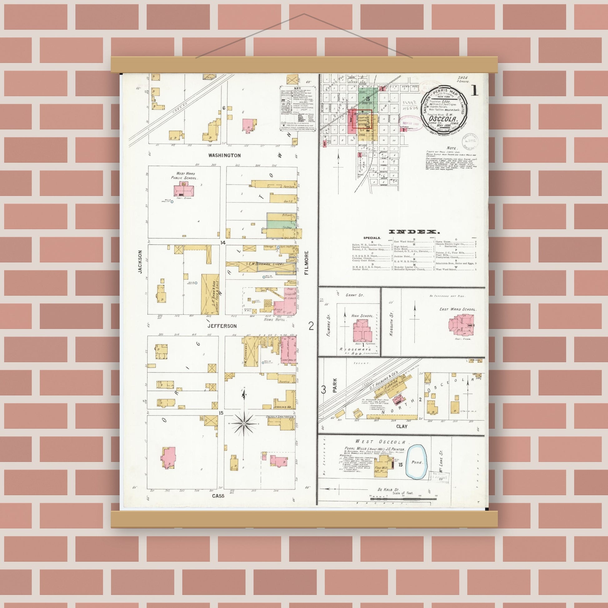 Old map wall art mockup — magnetic wood frame on brick wall — Sanborn Fire Insurance Map from Osceola, Clarke County, Iowa (1899) â€” Complete Set