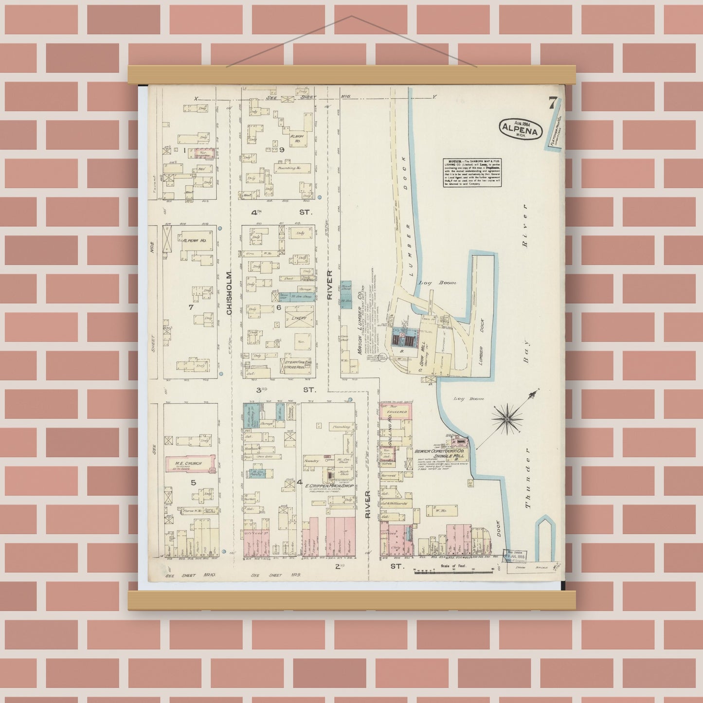 Old map wall art mockup — magnetic wood frame on brick wall — Sanborn Fire Insurance Map from Alpena, Alpena County, Michigan (1884), Sheet #0007