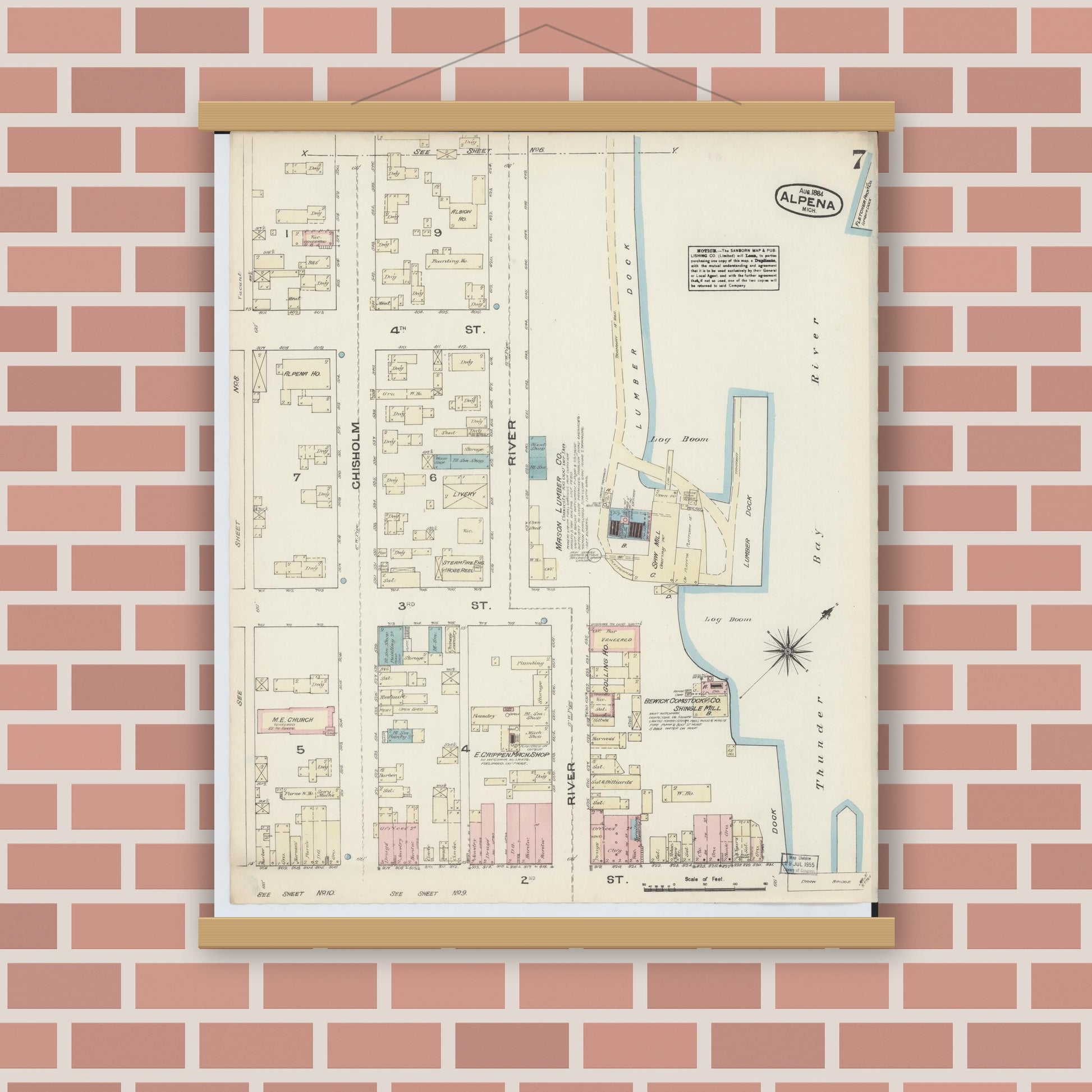Old map wall art mockup — magnetic wood frame on brick wall — Sanborn Fire Insurance Map from Alpena, Alpena County, Michigan (1884), Sheet #0007