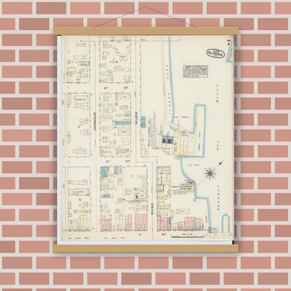 Old map wall art mockup — magnetic wood frame on brick wall — Sanborn Fire Insurance Map from Alpena, Alpena County, Michigan (1884), Sheet #0007