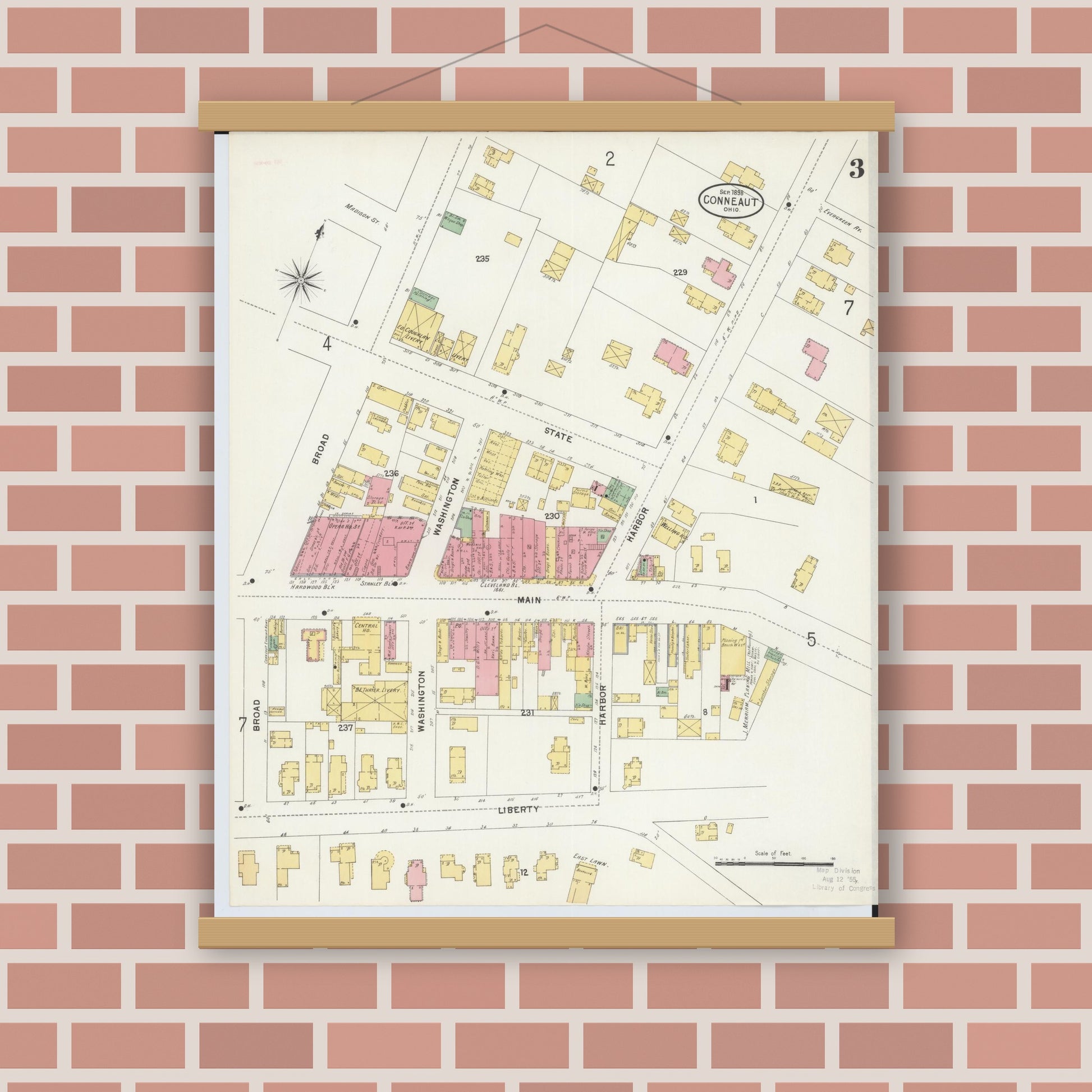 Old map wall art mockup — magnetic wood frame on brick wall — Sanborn Fire Insurance Map from Conneaut, Ashtabula County, Ohio (1898), Sheet #0003