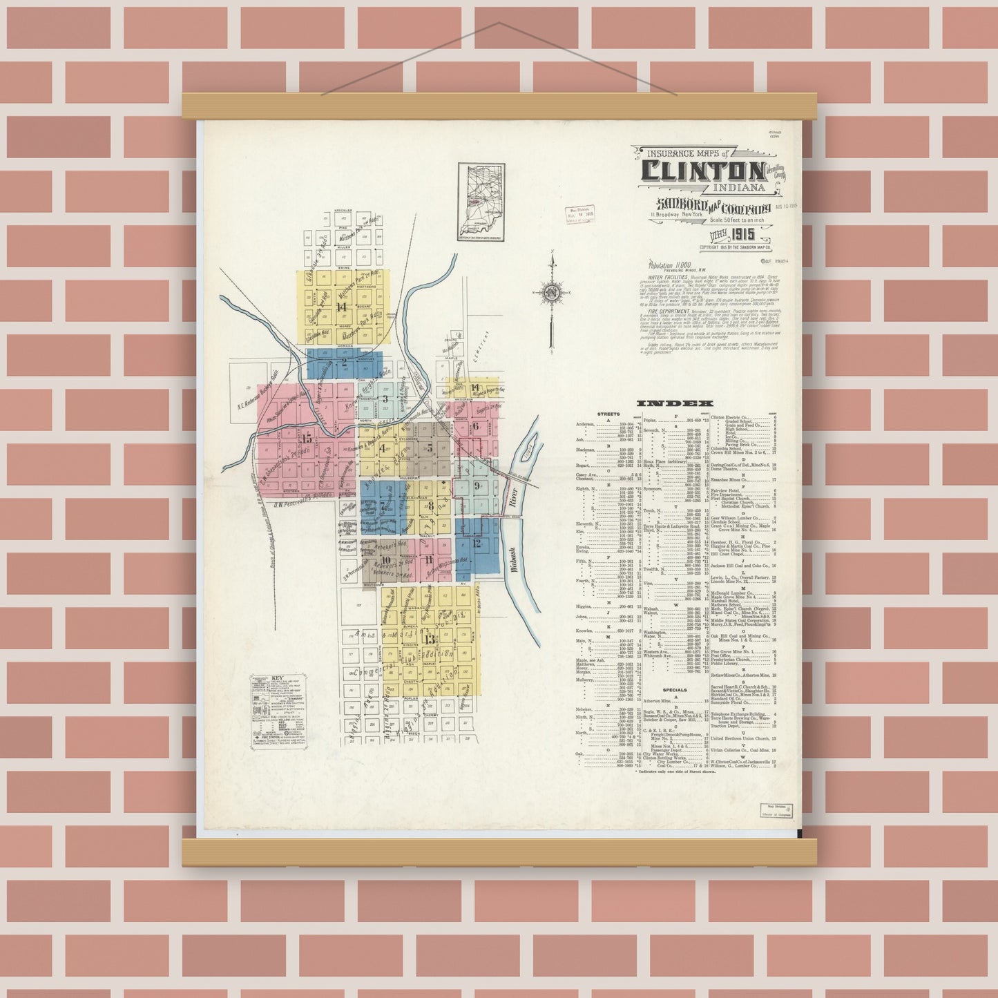 Old map wall art mockup — magnetic wood frame on brick wall — Sanborn Fire Insurance Map from Clinton, Vermillion County, Indiana (1915) - Complete Map Set