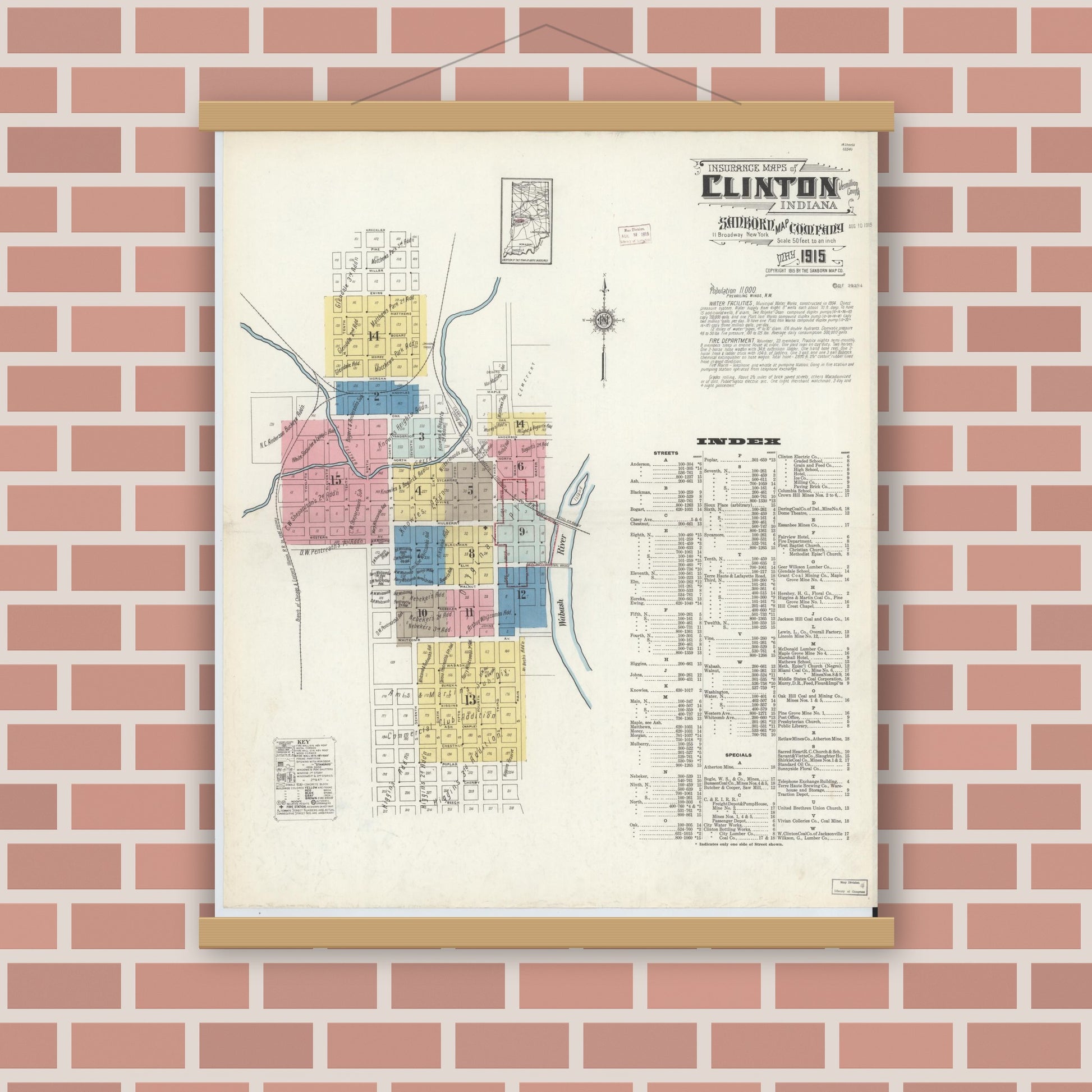 Old map wall art mockup — magnetic wood frame on brick wall — Sanborn Fire Insurance Map from Clinton, Vermillion County, Indiana (1915) - Complete Map Set