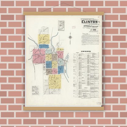 Old map wall art mockup — magnetic wood frame on brick wall — Sanborn Fire Insurance Map from Clinton, Vermillion County, Indiana (1915) - Complete Map Set