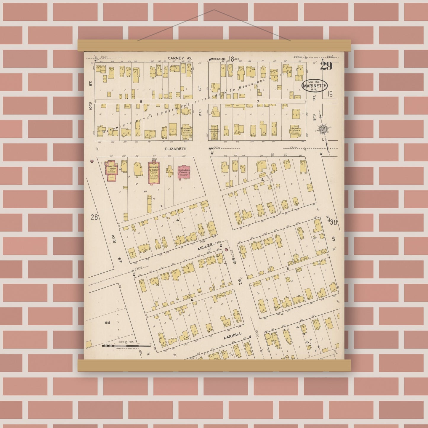 Old map wall art mockup — magnetic wood frame on brick wall — Sanborn Fire Insurance Map from Marinette, Marinette County, Wisconsin (1921), Sheet #0029