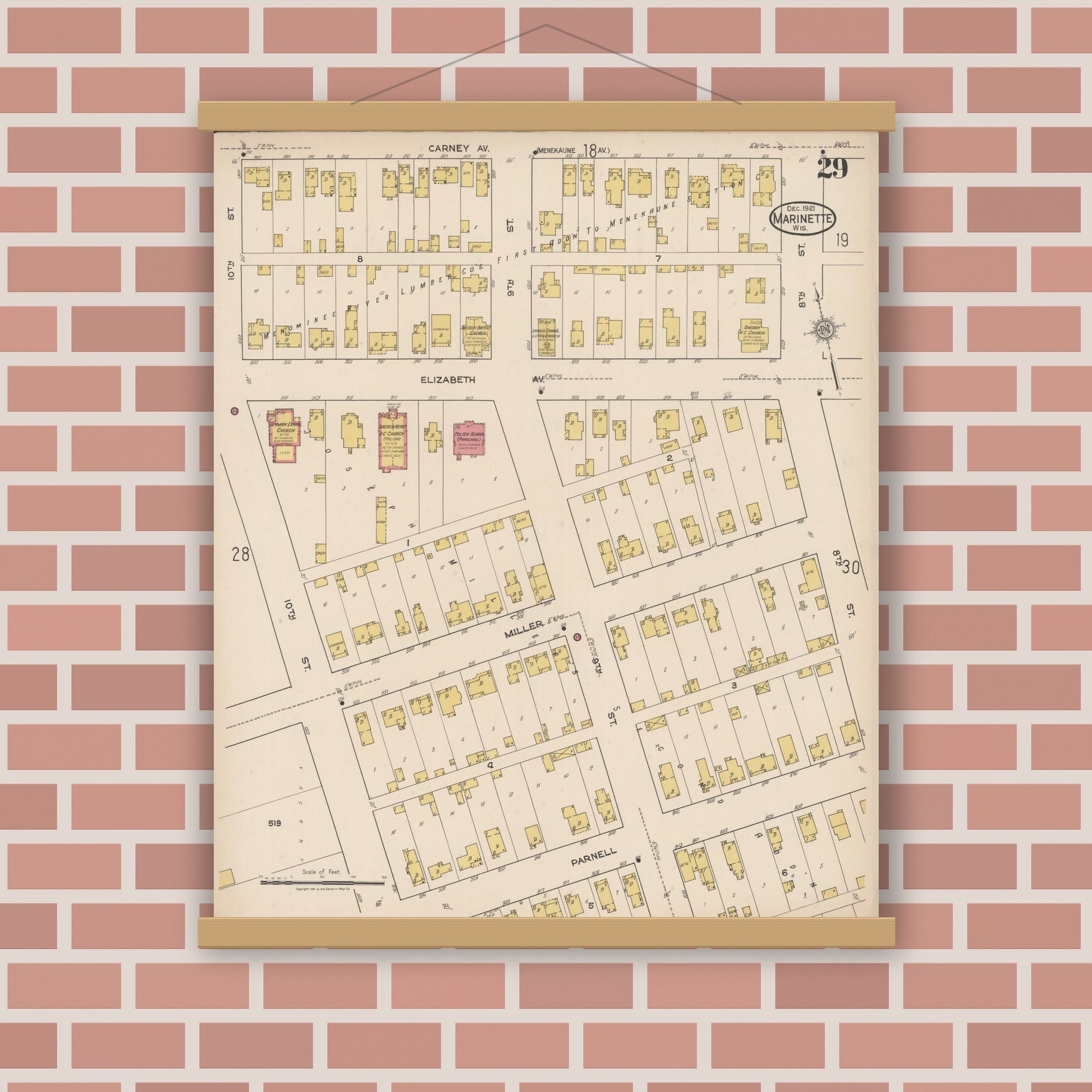 Old map wall art mockup — magnetic wood frame on brick wall — Sanborn Fire Insurance Map from Marinette, Marinette County, Wisconsin (1921), Sheet #0029