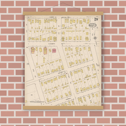 Old map wall art mockup — magnetic wood frame on brick wall — Sanborn Fire Insurance Map from Marinette, Marinette County, Wisconsin (1921), Sheet #0029