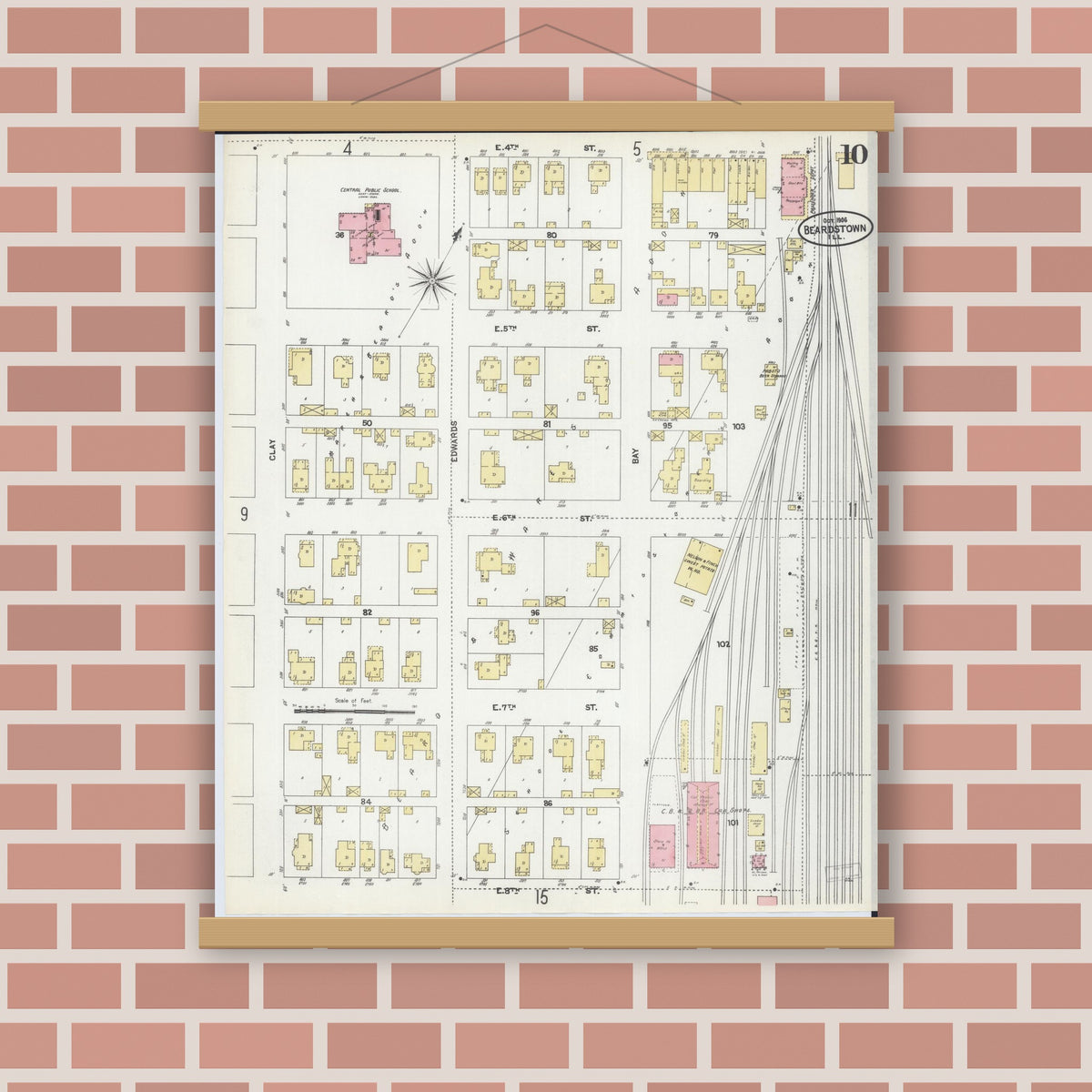 Old map wall art mockup — magnetic wood frame on brick wall — Sanborn Fire Insurance Map from Beardstown, Cass County, Illinois (1906), Sheet #0010