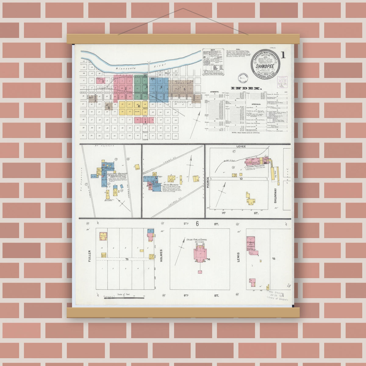 Old map wall art mockup — magnetic wood frame on brick wall — Sanborn Fire Insurance Map from Shakopee, Scott County, Minnesota (1902), Sheet #0001