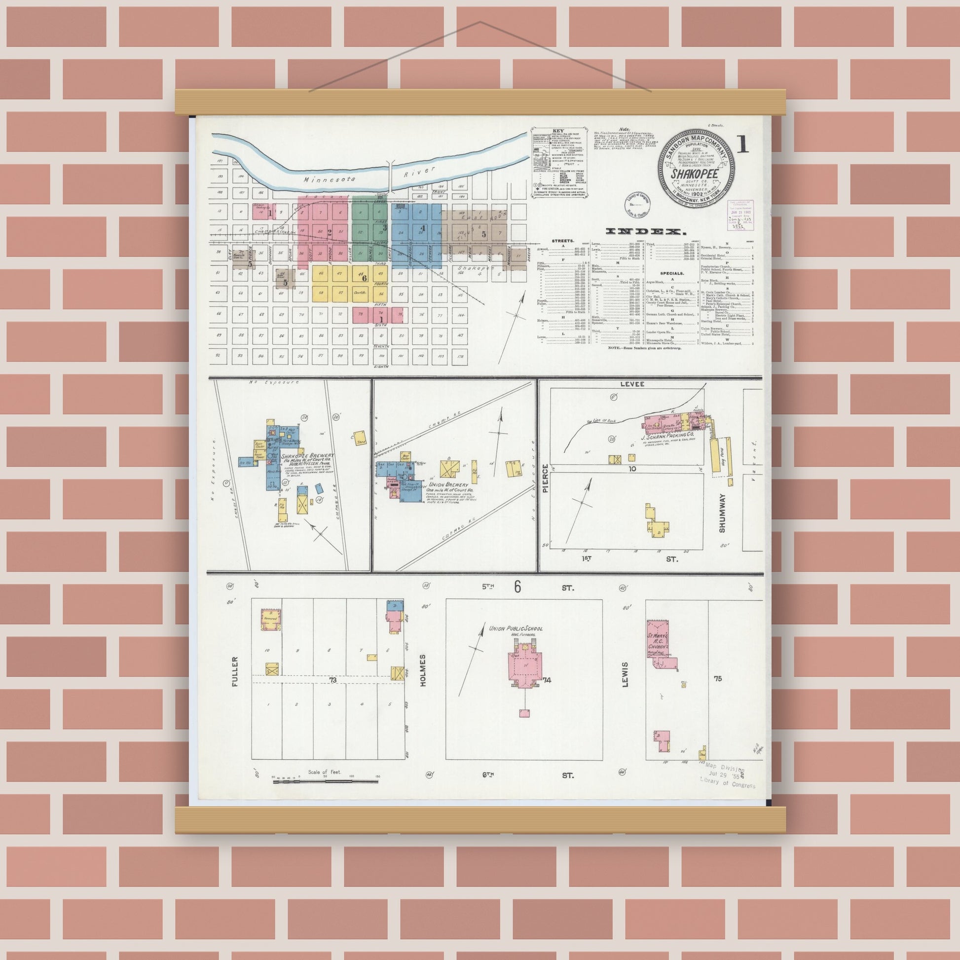 Old map wall art mockup — magnetic wood frame on brick wall — Sanborn Fire Insurance Map from Shakopee, Scott County, Minnesota (1902), Sheet #0001