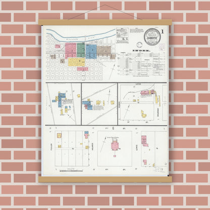 Old map wall art mockup — magnetic wood frame on brick wall — Sanborn Fire Insurance Map from Shakopee, Scott County, Minnesota (1902), Sheet #0001