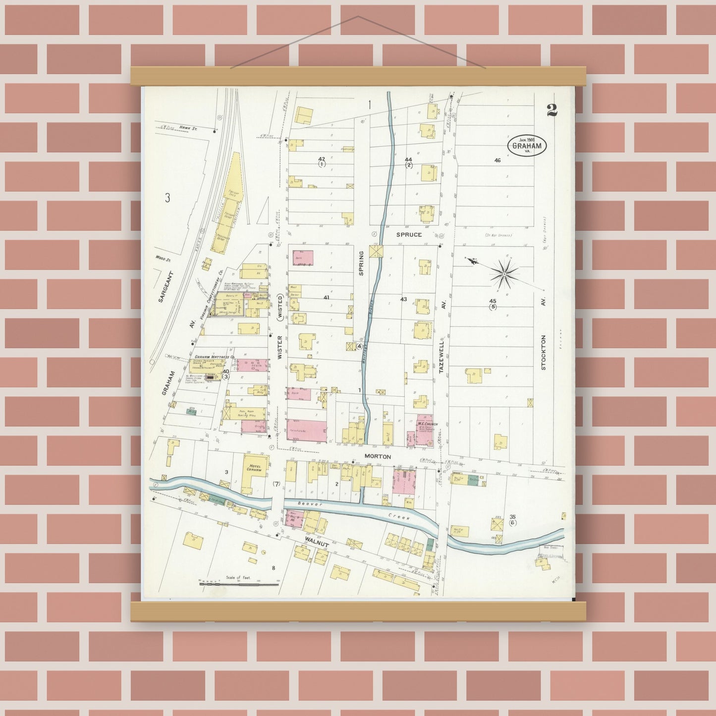 Old map wall art mockup — magnetic wood frame on brick wall — Sanborn Fire Insurance Map from Graham, Tazewell County, Virginia (1908), Sheet #0002