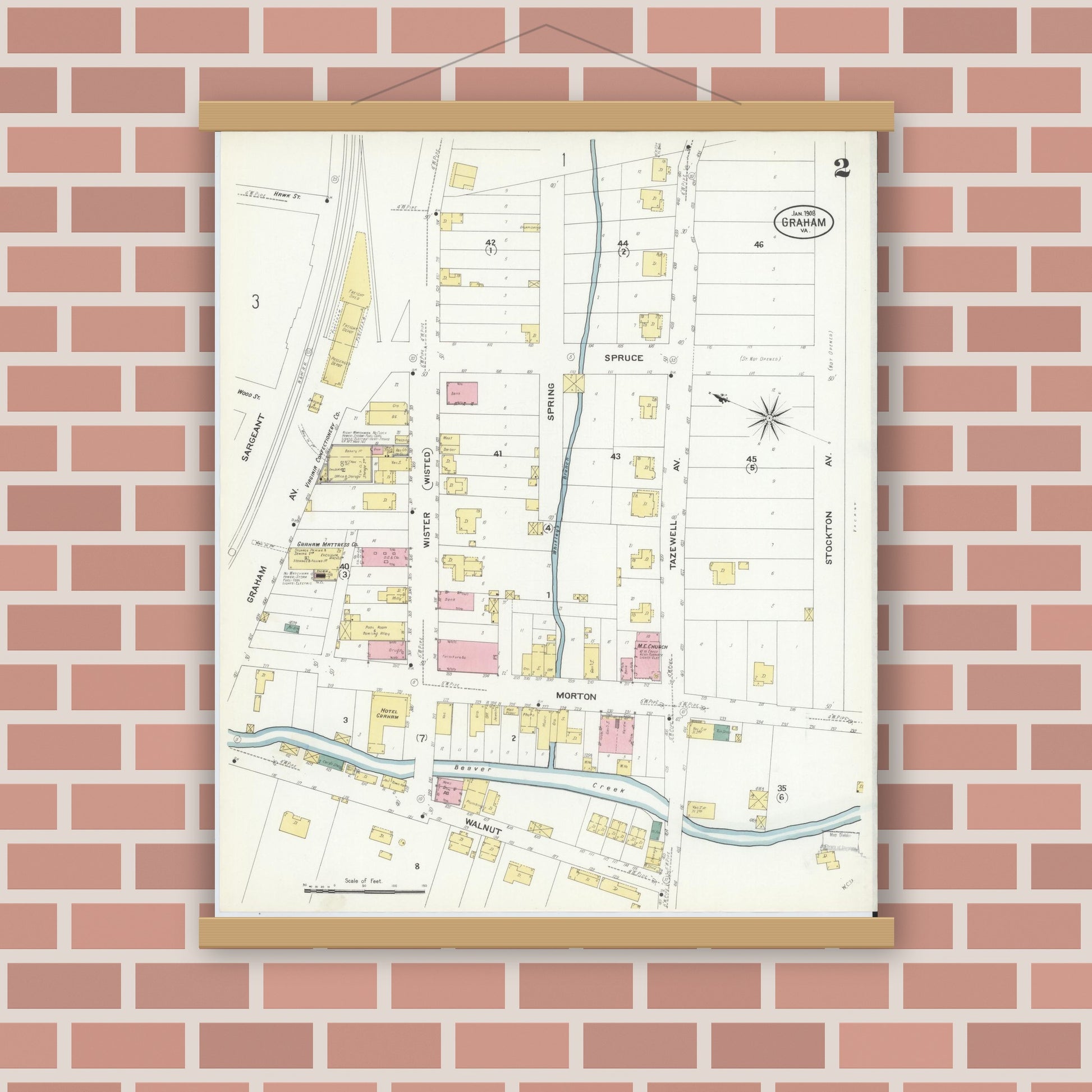 Old map wall art mockup — magnetic wood frame on brick wall — Sanborn Fire Insurance Map from Graham, Tazewell County, Virginia (1908), Sheet #0002