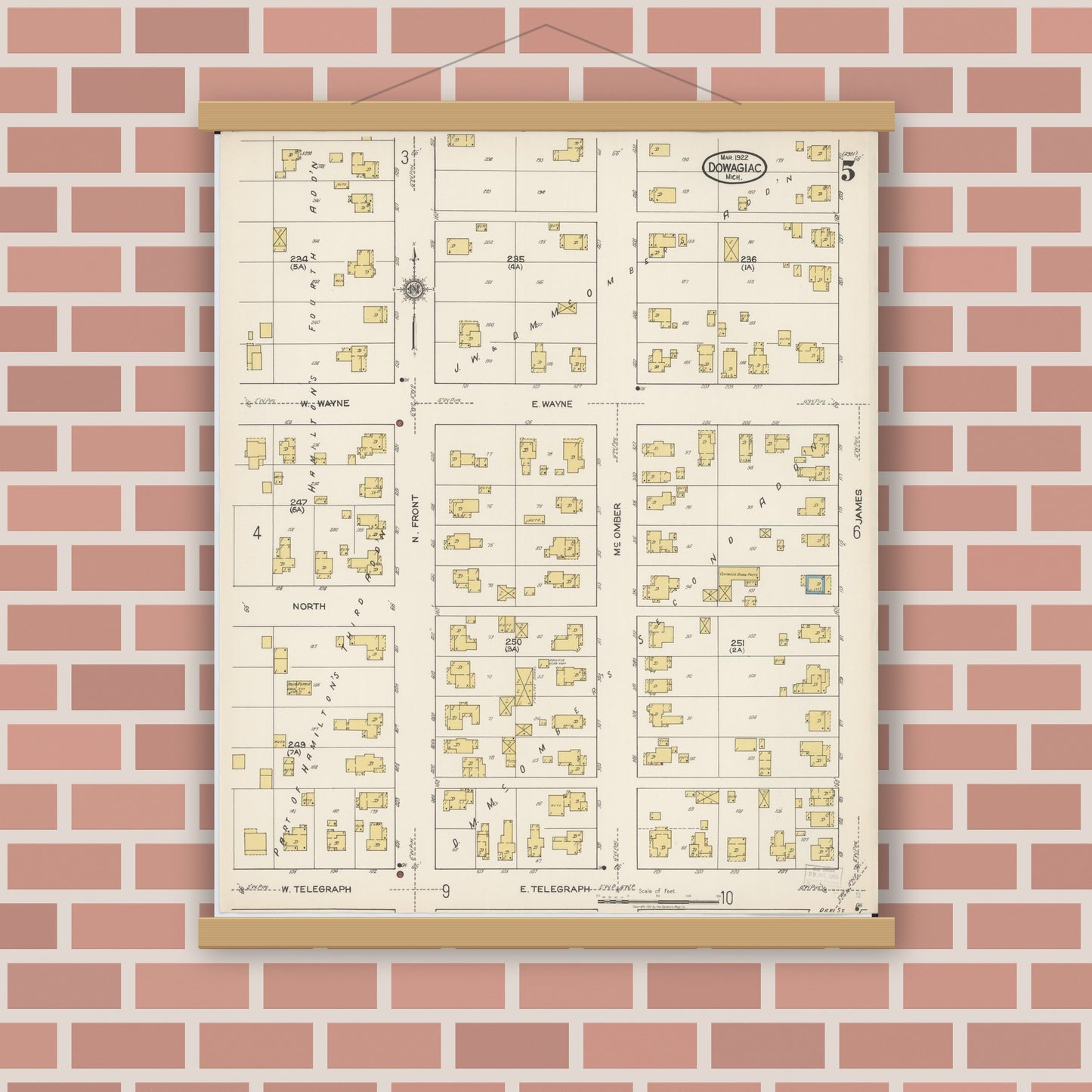 Old map wall art mockup — magnetic wood frame on brick wall — Sanborn Fire Insurance Map from Dowagiac, Cass County, Michigan (1922), Sheet #0005