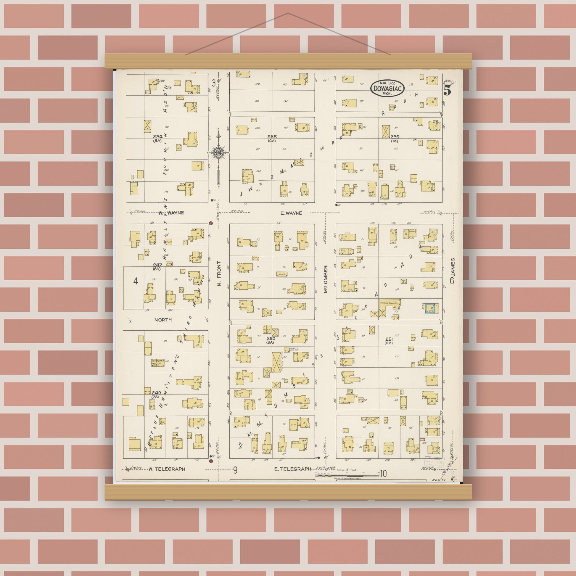Old map wall art mockup — magnetic wood frame on brick wall — Sanborn Fire Insurance Map from Dowagiac, Cass County, Michigan (1922), Sheet #0005
