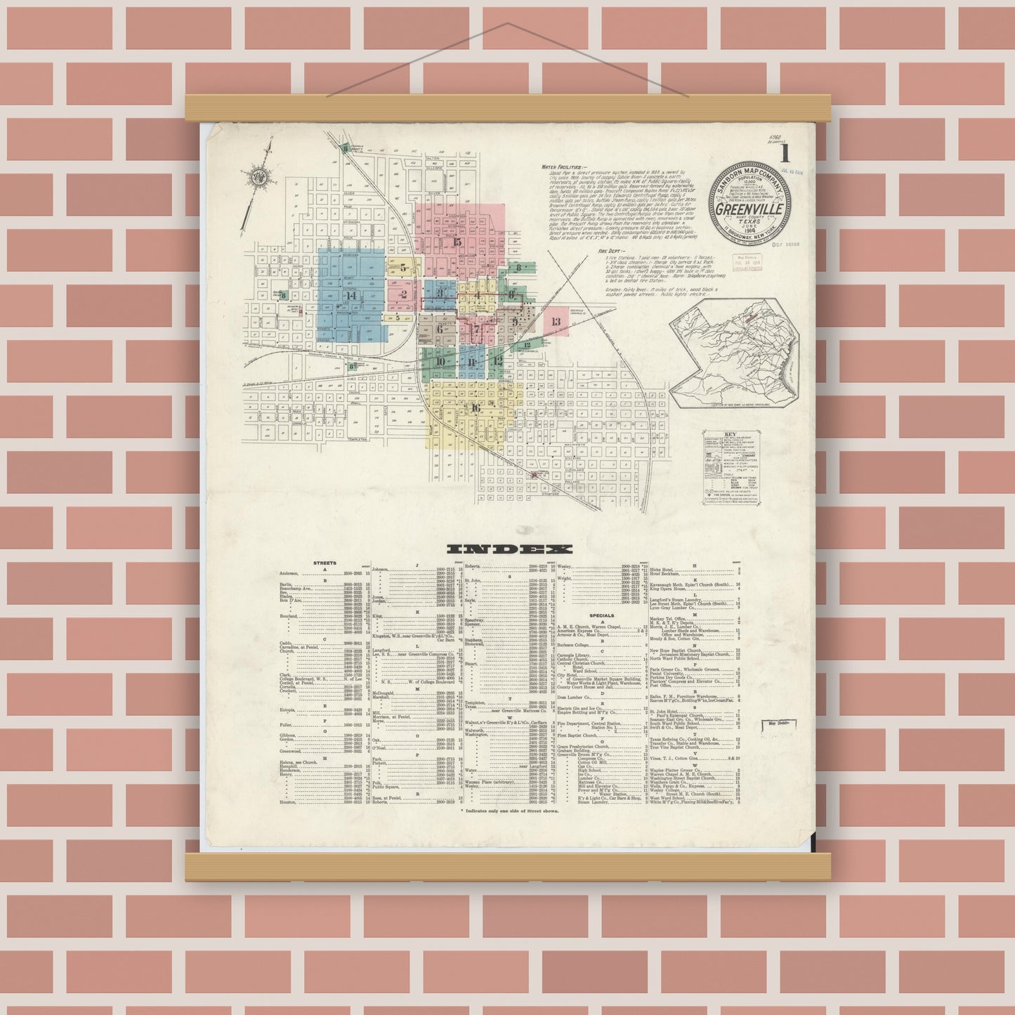 Old map wall art mockup — magnetic wood frame on brick wall — Sanborn Fire Insurance Map from Greenville, Hunt County, Texas (1914), Sheet #0001