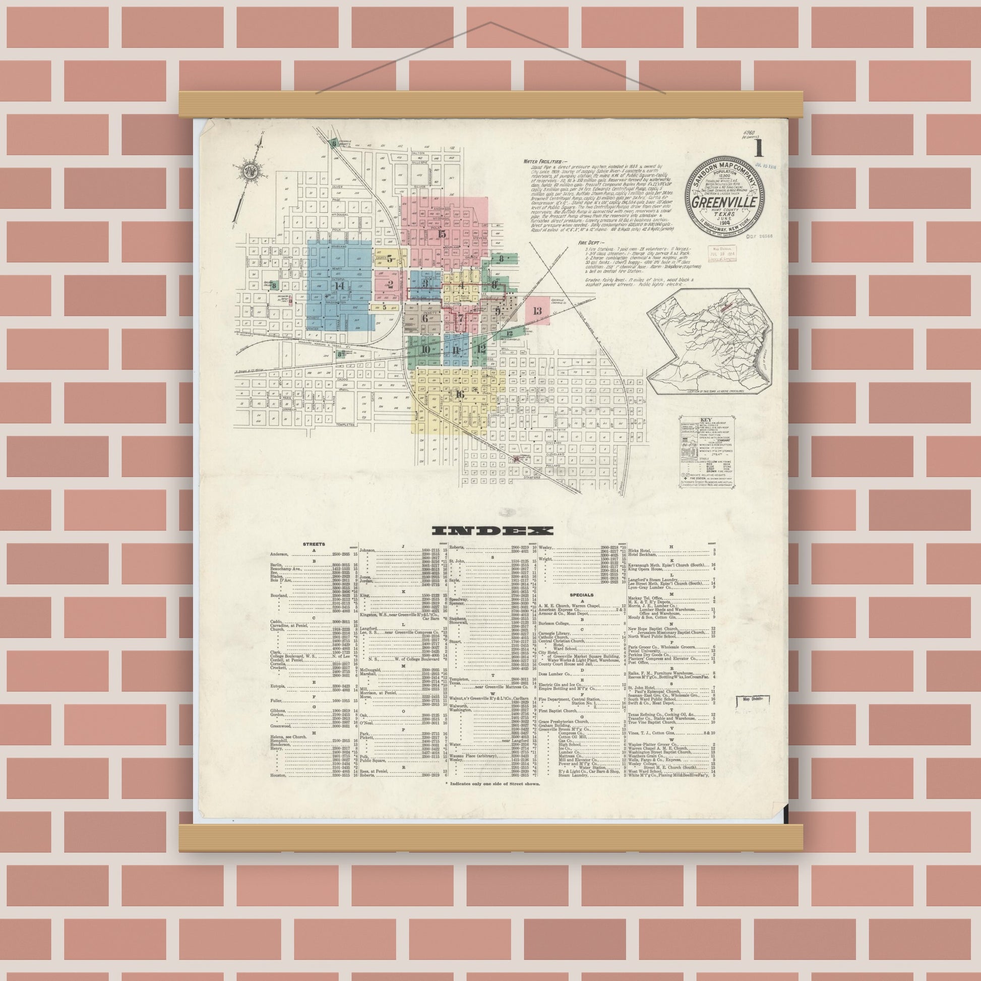 Old map wall art mockup — magnetic wood frame on brick wall — Sanborn Fire Insurance Map from Greenville, Hunt County, Texas (1914), Sheet #0001