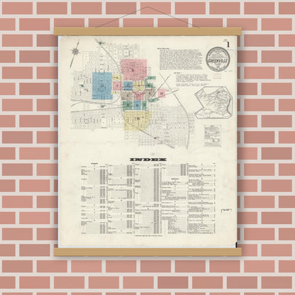 Old map wall art mockup — magnetic wood frame on brick wall — Sanborn Fire Insurance Map from Greenville, Hunt County, Texas (1914), Sheet #0001