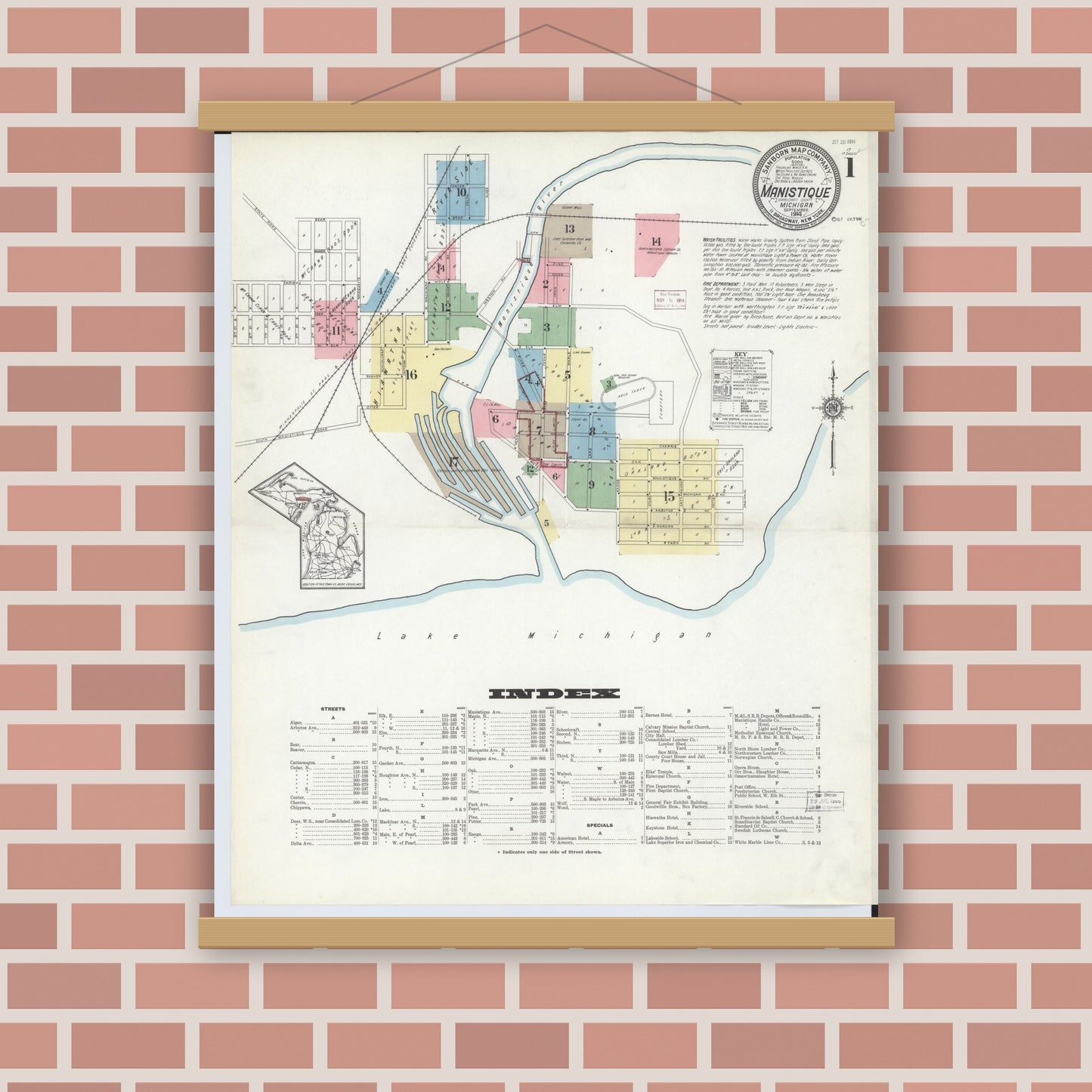 Old map wall art mockup — magnetic wood frame on brick wall — Sanborn Fire Insurance Map from Manistique, Schoolcraft County, Michigan (1914) - Complete Map Set