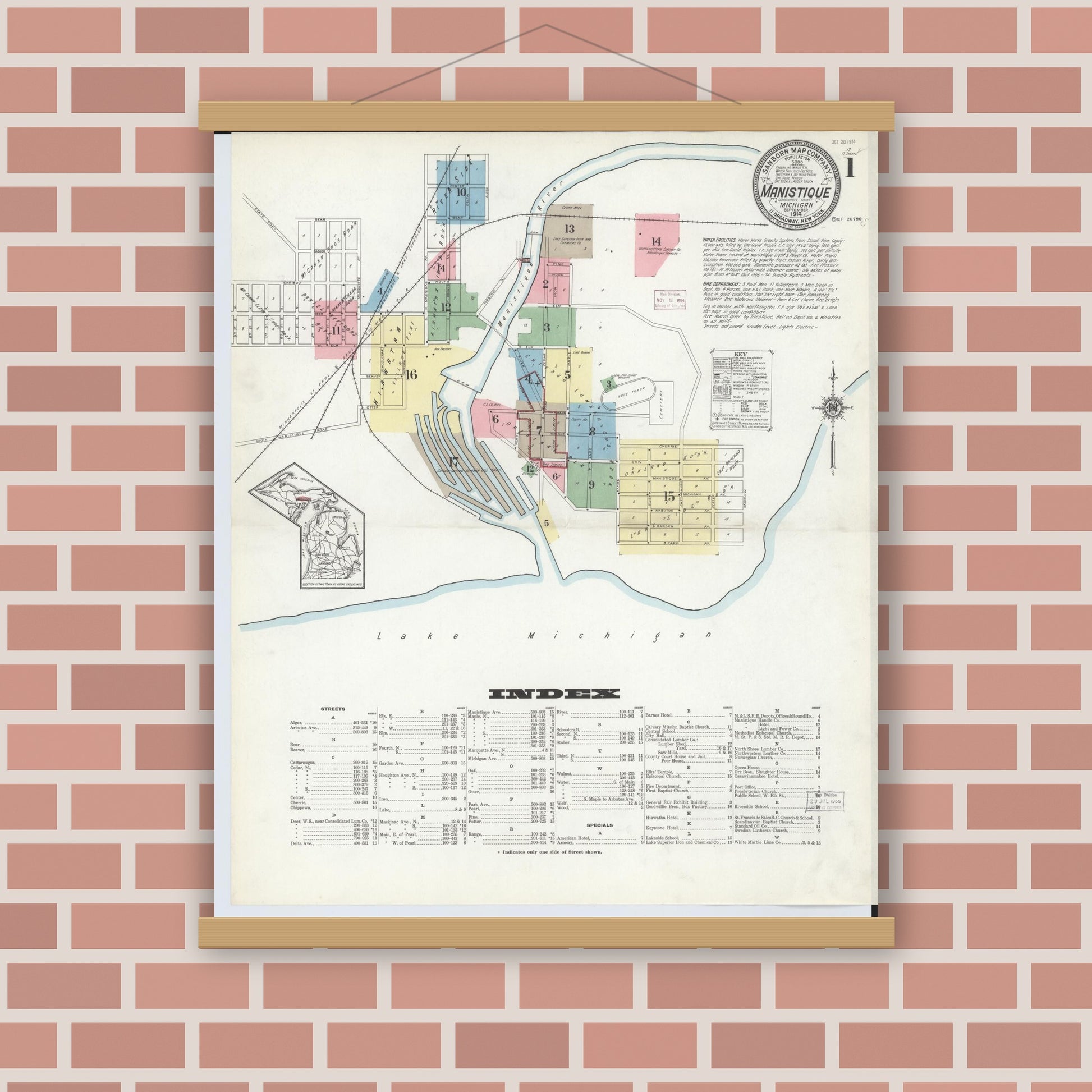 Old map wall art mockup — magnetic wood frame on brick wall — Sanborn Fire Insurance Map from Manistique, Schoolcraft County, Michigan (1914) - Complete Map Set