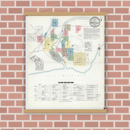 Old map wall art mockup — magnetic wood frame on brick wall — Sanborn Fire Insurance Map from Manistique, Schoolcraft County, Michigan (1914) - Complete Map Set