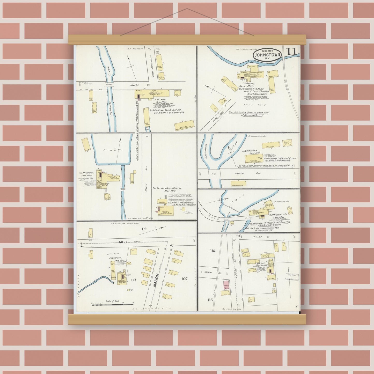 Old map wall art mockup — magnetic wood frame on brick wall — Sanborn Fire Insurance Map from Johnstown, Fulton County, New York (1892), Sheet #0011