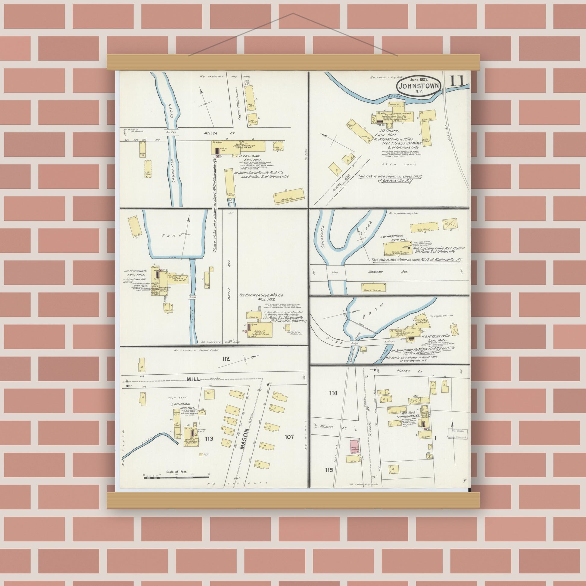 Old map wall art mockup — magnetic wood frame on brick wall — Sanborn Fire Insurance Map from Johnstown, Fulton County, New York (1892), Sheet #0011