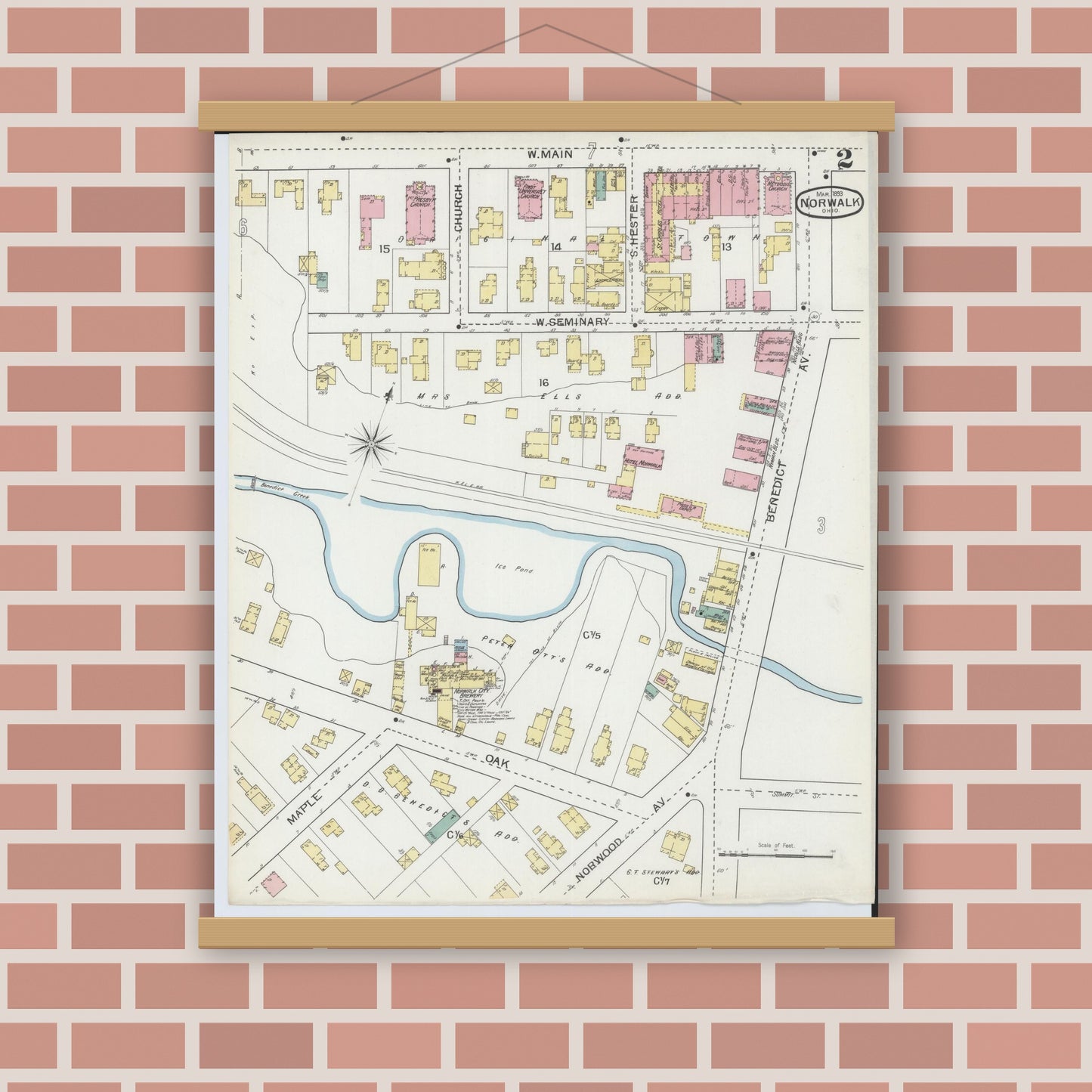 Old map wall art mockup — magnetic wood frame on brick wall — Sanborn Fire Insurance Map from Norwalk, Huron County, Ohio (1893), Sheet #0002