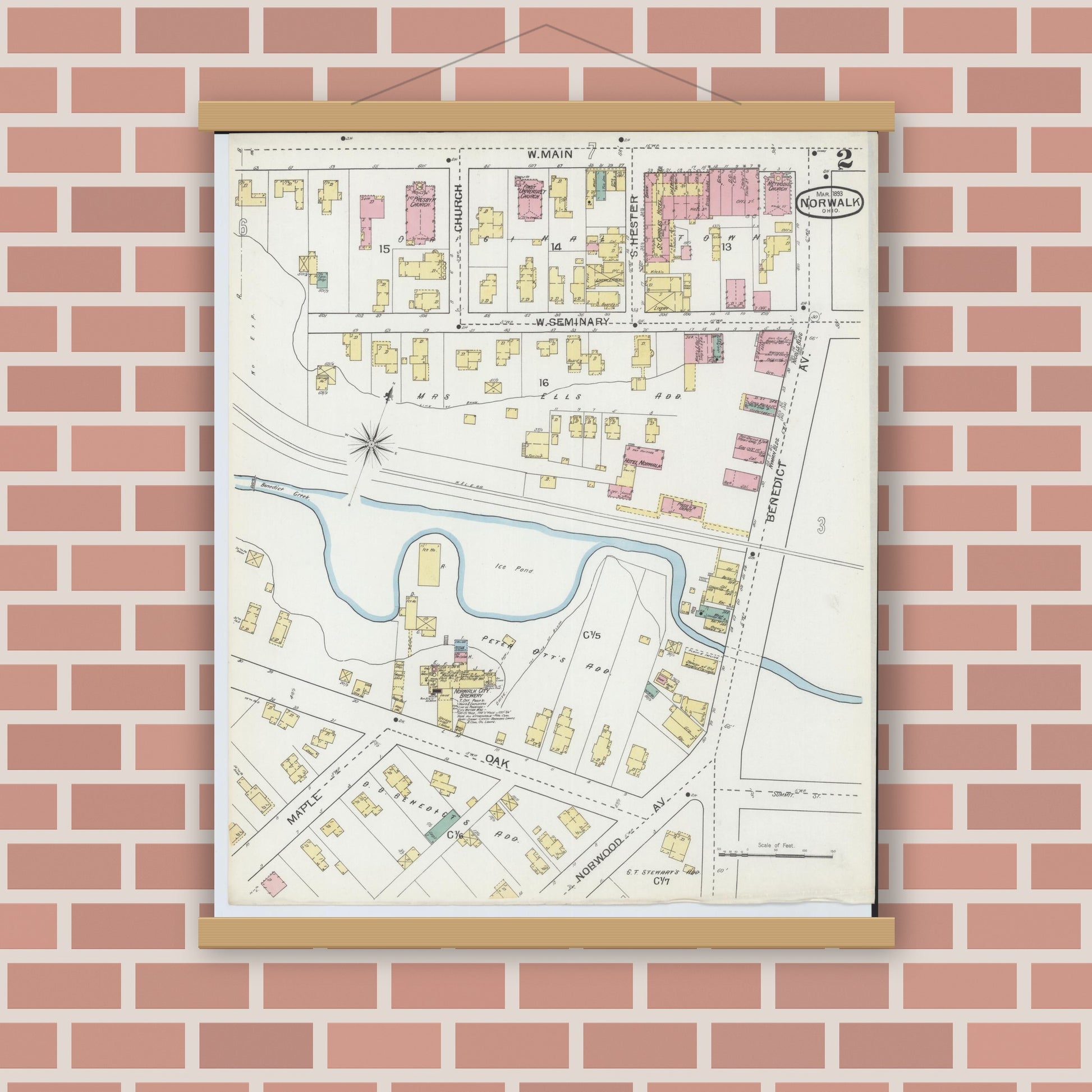 Old map wall art mockup — magnetic wood frame on brick wall — Sanborn Fire Insurance Map from Norwalk, Huron County, Ohio (1893), Sheet #0002