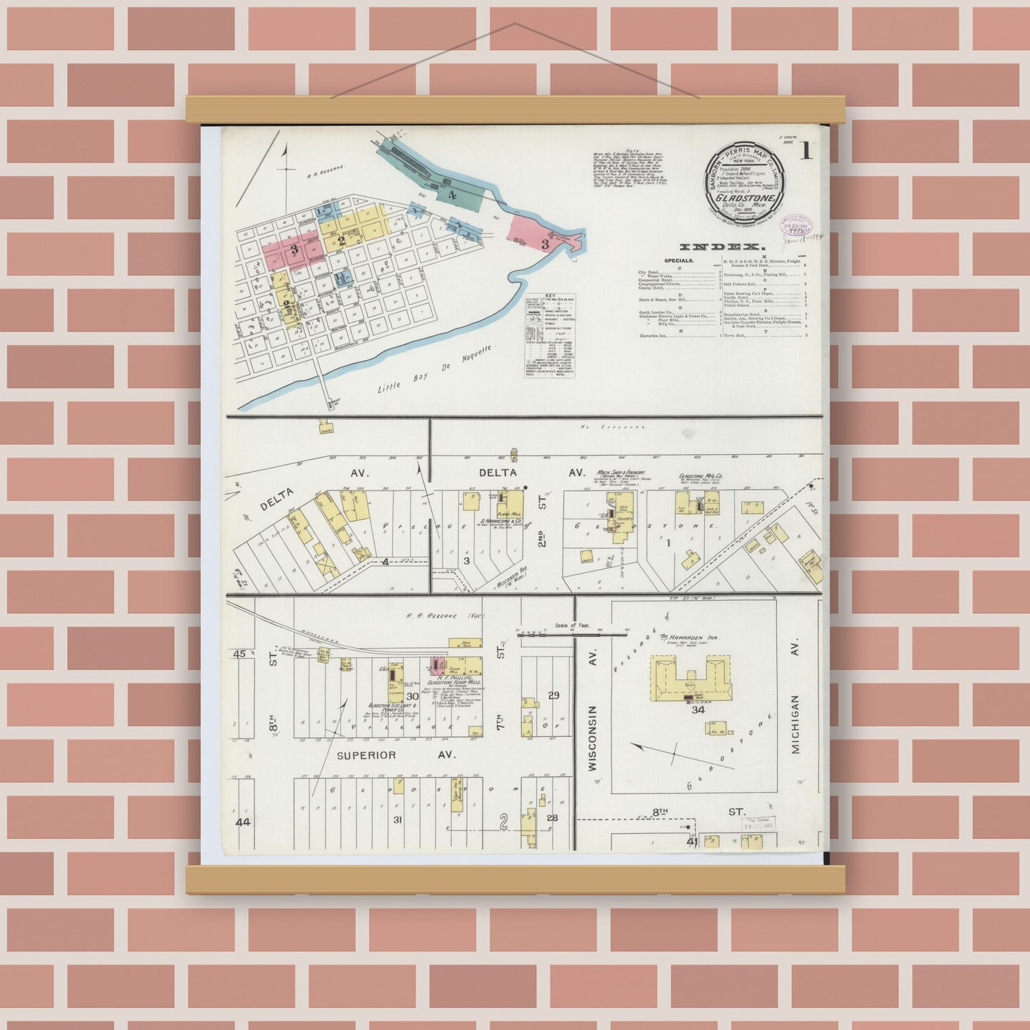 Old map wall art mockup — magnetic wood frame on brick wall — Sanborn Fire Insurance Map from Gladstone, Delta County, Michigan (1893) - Complete Map Set