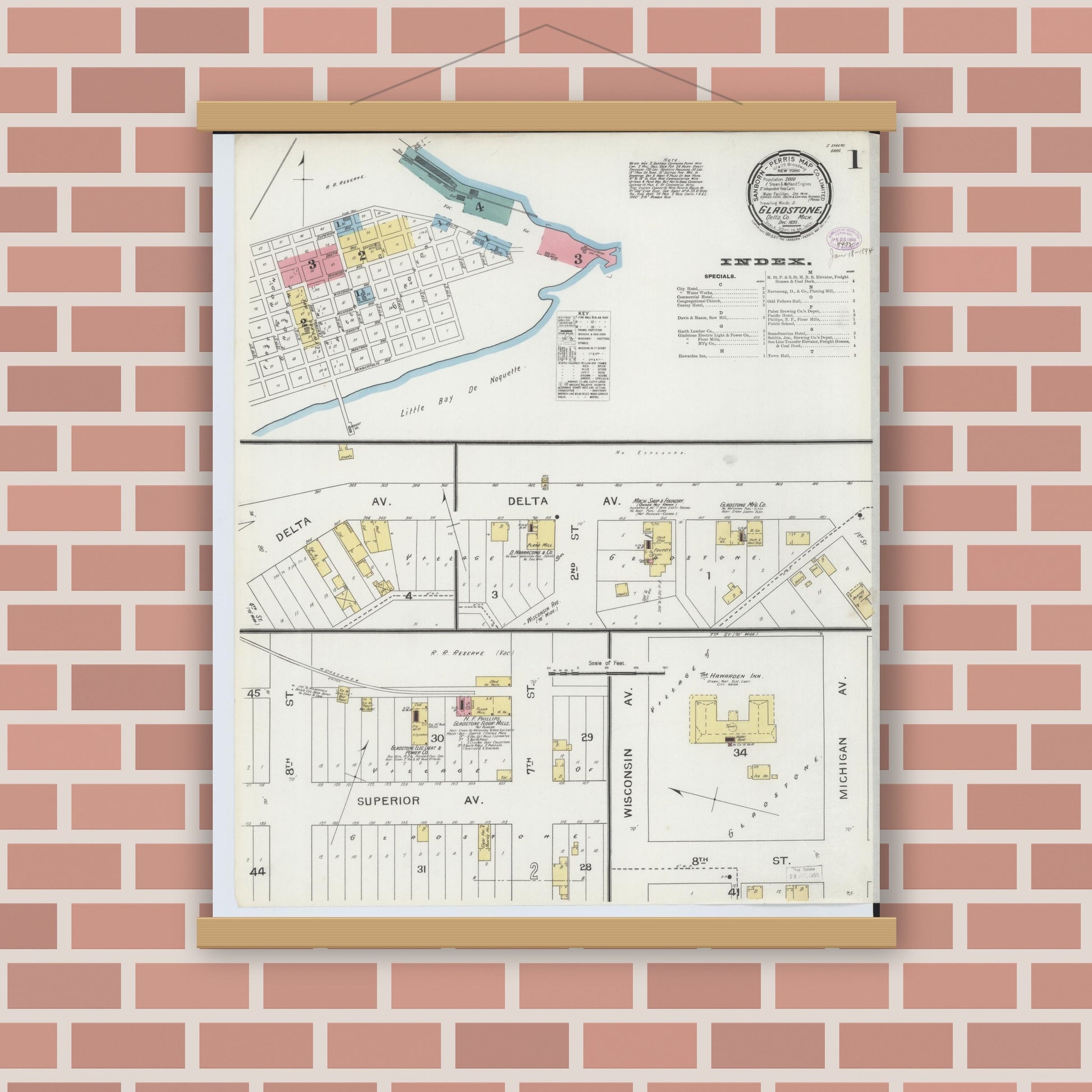 Old map wall art mockup — magnetic wood frame on brick wall — Sanborn Fire Insurance Map from Gladstone, Delta County, Michigan (1893) - Complete Map Set