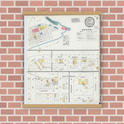 Old map wall art mockup — magnetic wood frame on brick wall — Sanborn Fire Insurance Map from Gladstone, Delta County, Michigan (1893) - Complete Map Set