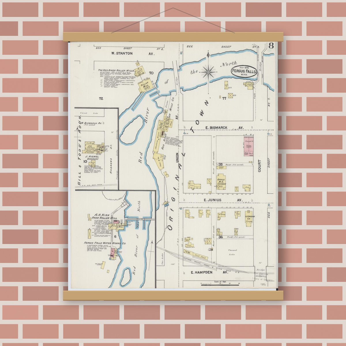 Old map wall art mockup — magnetic wood frame on brick wall — Sanborn Fire Insurance Map from Fergus Falls, Otter Tail County, Minnesota (1890), Sheet #0008