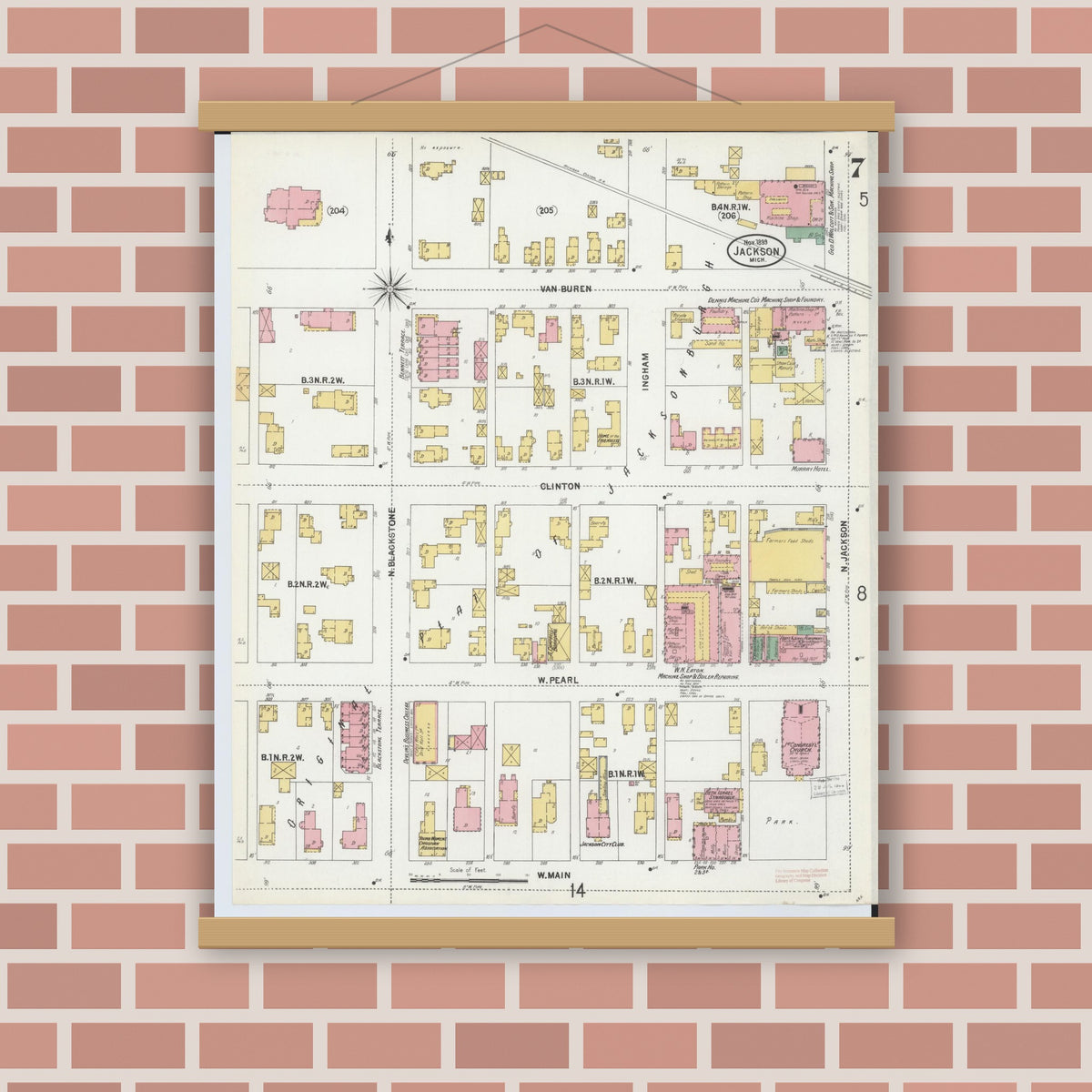 Old map wall art mockup — magnetic wood frame on brick wall — Sanborn Fire Insurance Map from Jackson, Jackson County, Michigan (1899), Sheet #0007