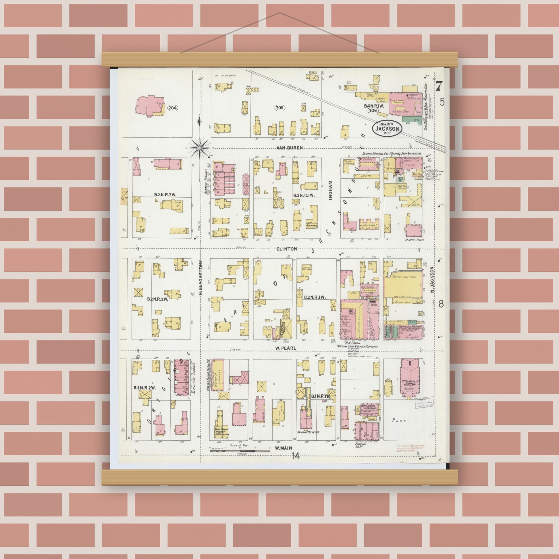 Old map wall art mockup — magnetic wood frame on brick wall — Sanborn Fire Insurance Map from Jackson, Jackson County, Michigan (1899), Sheet #0007