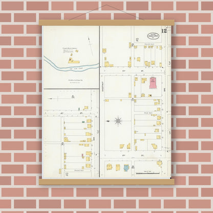 Old map wall art mockup — magnetic wood frame on brick wall — Sanborn Fire Insurance Map from Indiana, Indiana County, Pennsylvania (1903), Sheet #0012