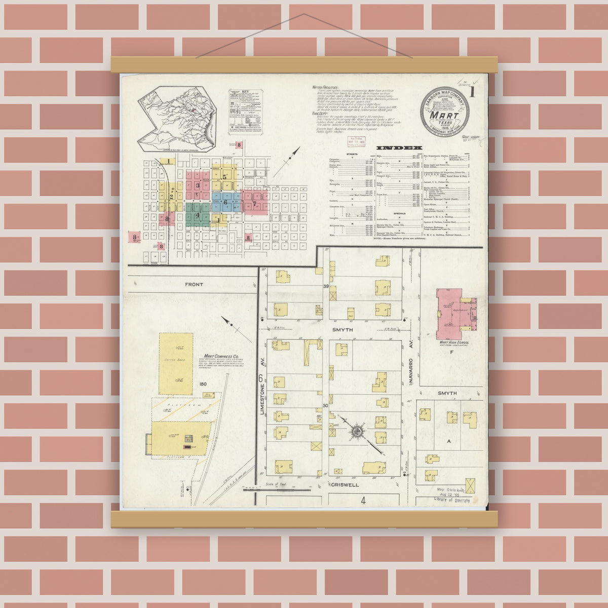 Old map wall art mockup — magnetic wood frame on brick wall — Sanborn Fire Insurance Map from Mart, McLennan County, Texas (1915) - Complete Map Set