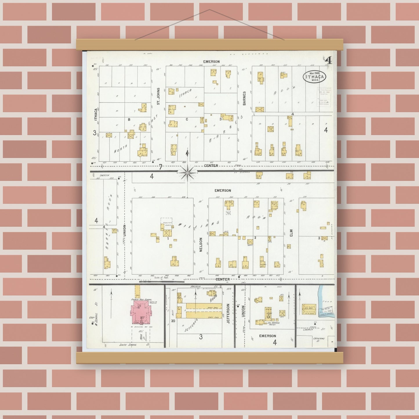 Old map wall art mockup — magnetic wood frame on brick wall — Sanborn Fire Insurance Map from Ithaca, Gratiot County, Michigan (1900), Sheet #0004