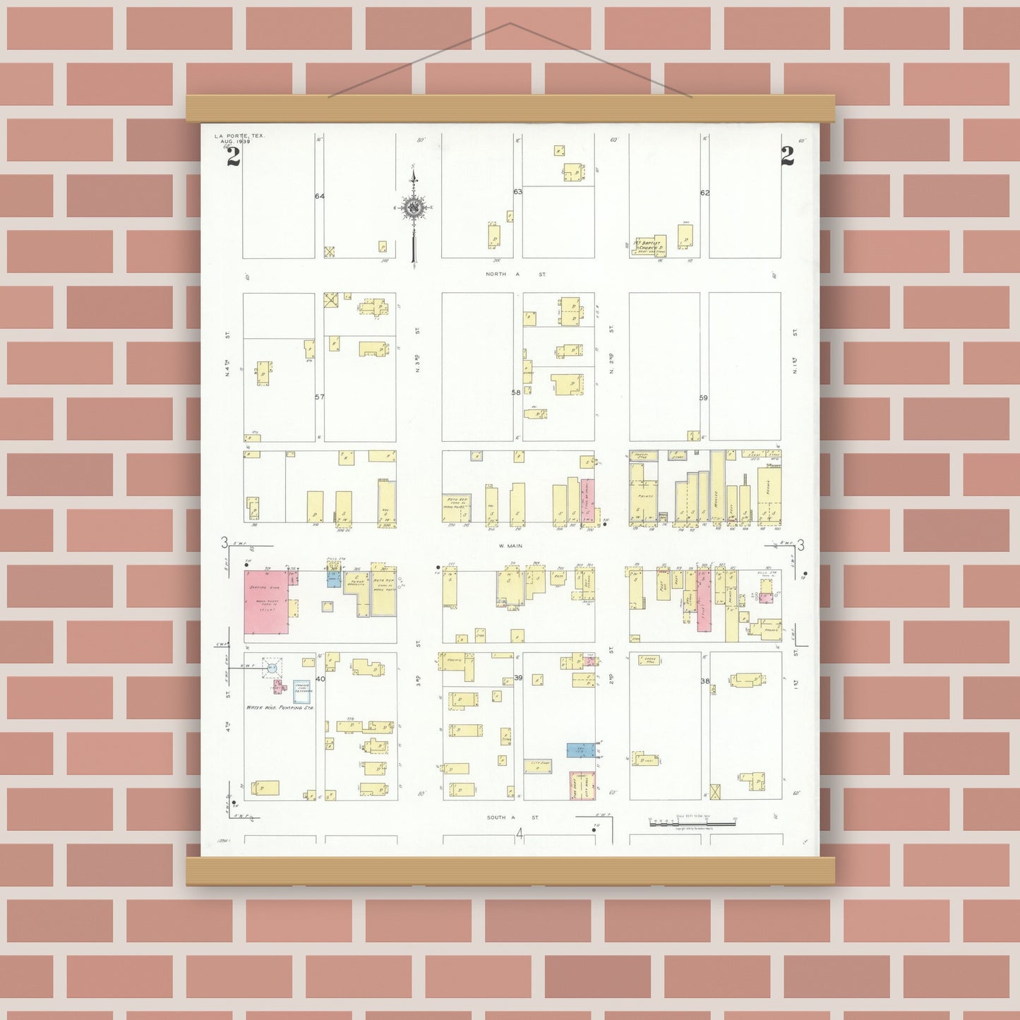 Old map wall art mockup — magnetic wood frame on brick wall — Sanborn Fire Insurance Map from La Porte, Harris County, Texas (1939), Sheet #0002